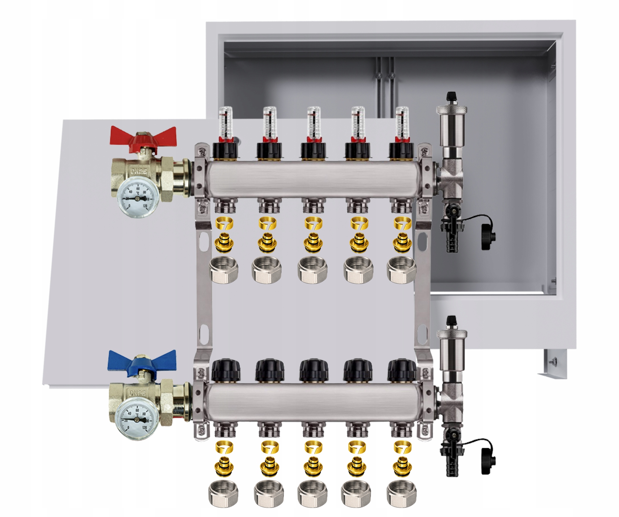 Rozdělovač nerezový Podlahovky 5 okruhů Podomítková skříňka Pex