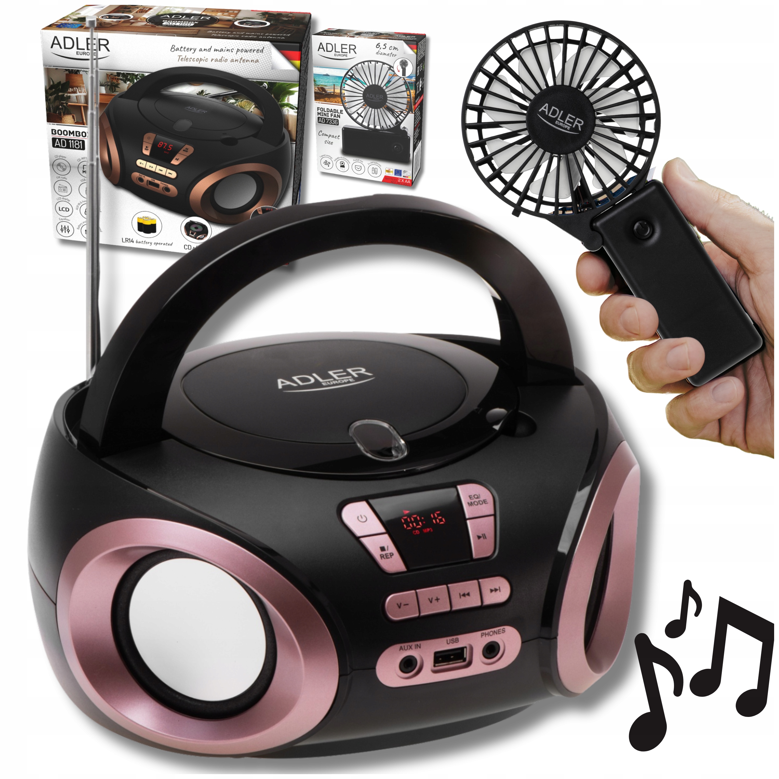 Přenosné rádio Boombox CD audio a MP3 Usb Aux LCD rádio Fm ventilátor