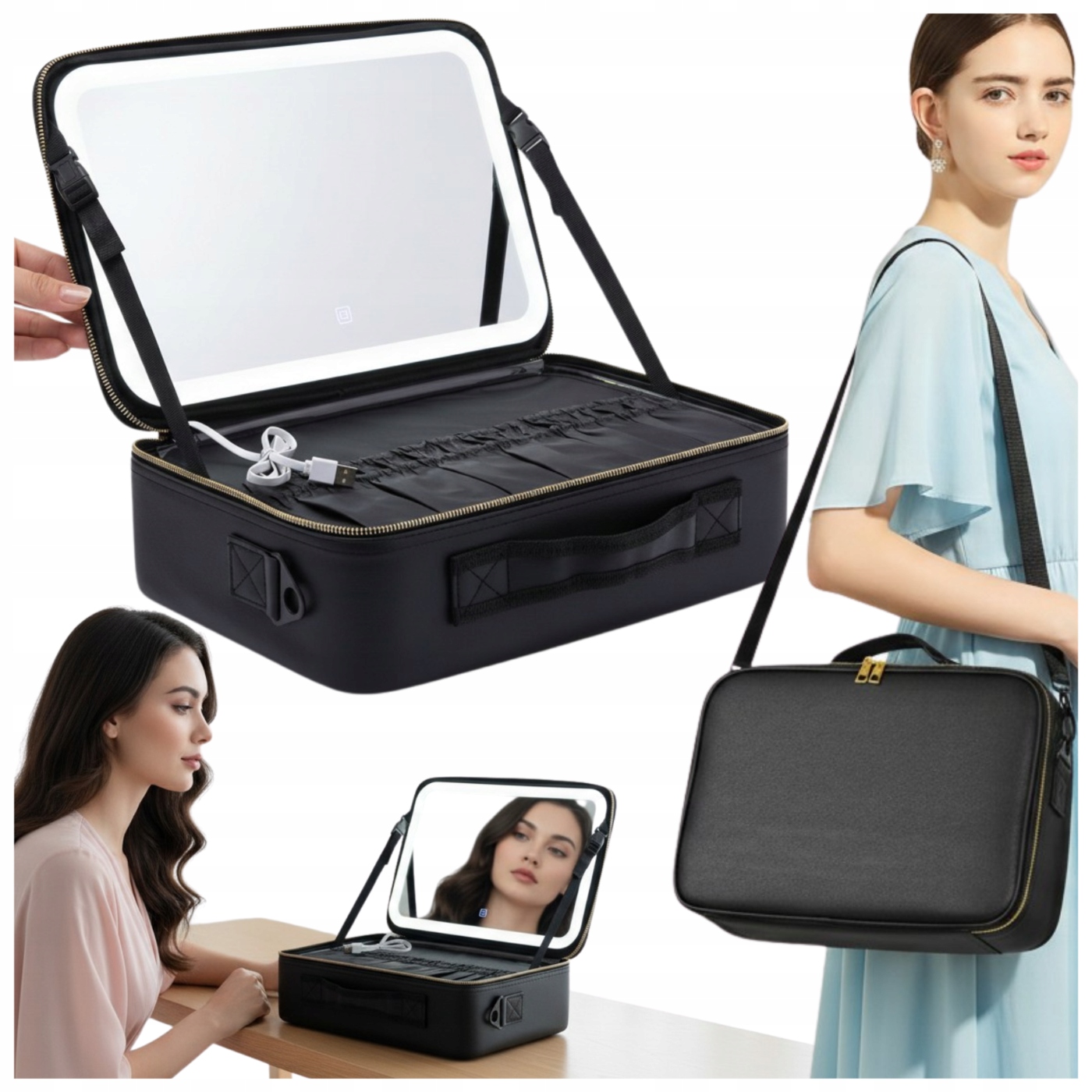 Kufřík s Led podsvícením zrcátka na kosmetiku, kosmetická taška, velká, velikost XL