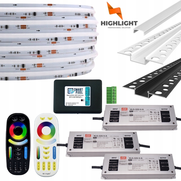 50m Sada Fasáda Led hadica Digitálna Cob Rgb+nw 16W 24V IP65+W/B profil