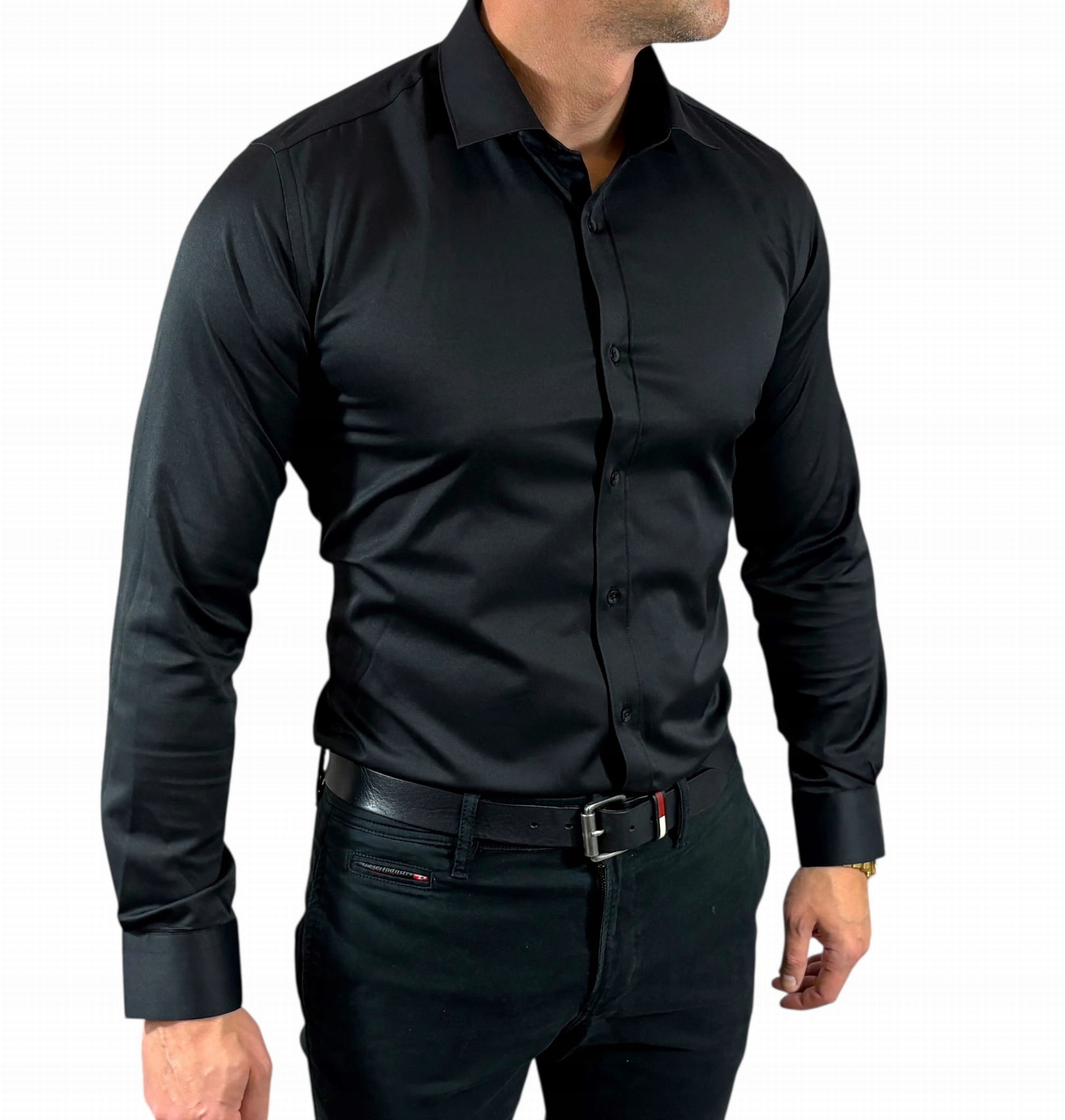 Košile slim fit, klasický saténový vzor, hladká, elegantní černá EGO04 4XL
