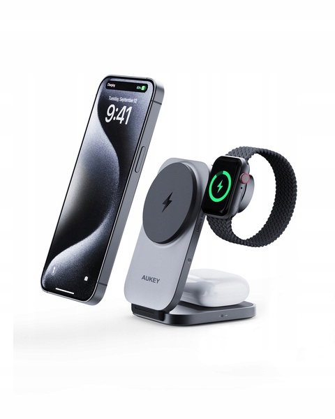 Aukey LC-MC312 Ładowarka 3w1 MagSafe Qi2 do Apple iPhone Watch AirPods Uk
