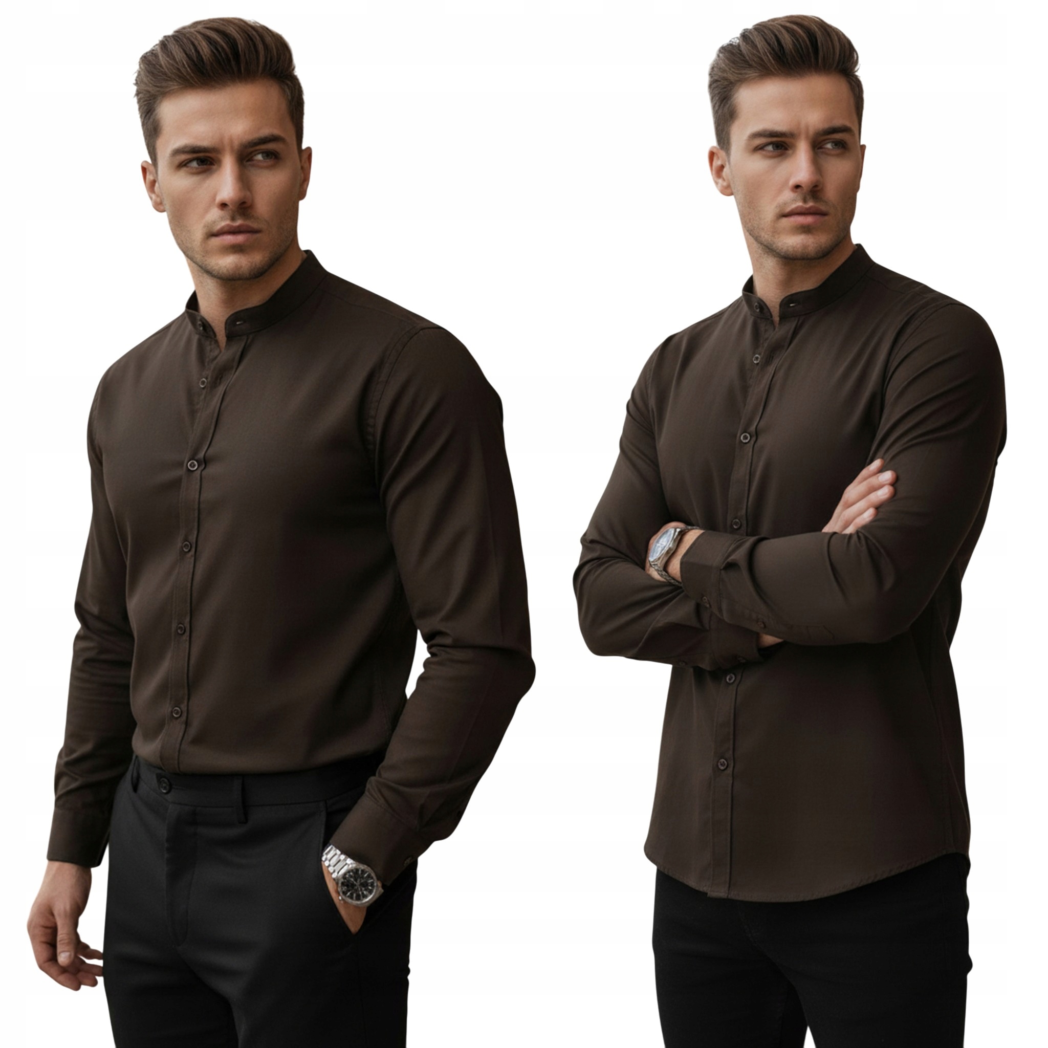 koszula męska ze stójką slim fit brązowa DX2678 M