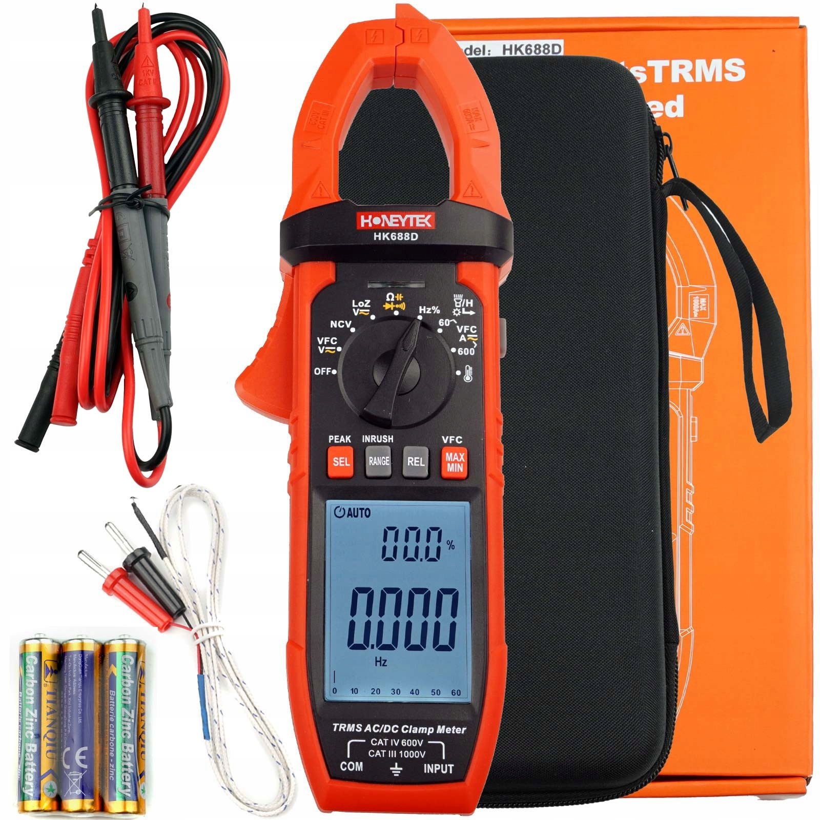 Klešťový měřič Honeytek HK688D 6000 čísel Ncv Cat IV 600V Trms Lpf LCD