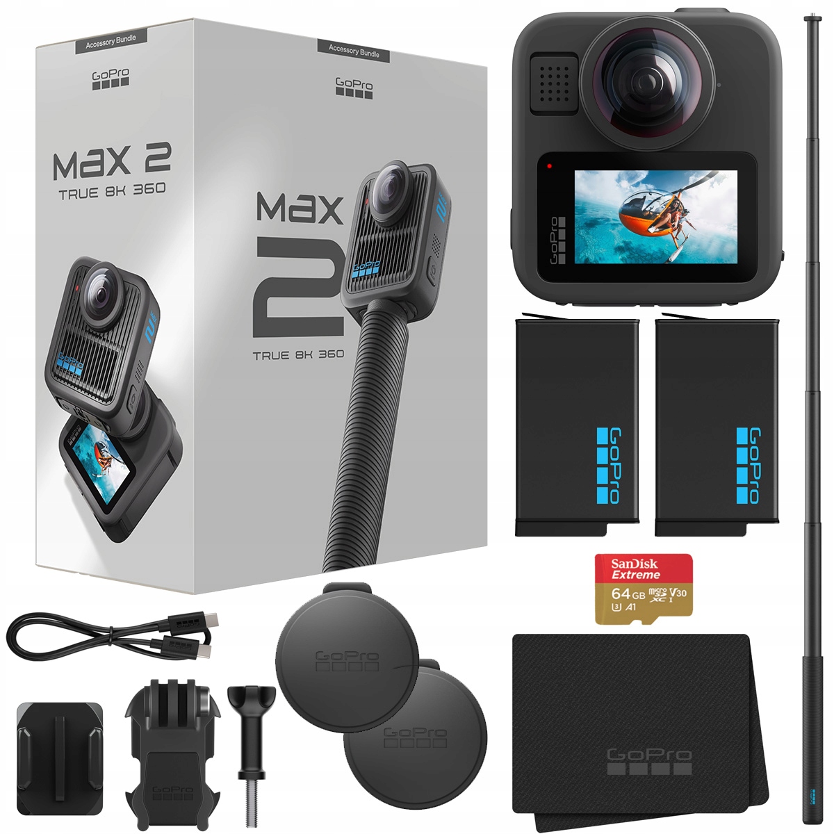 Kamera GoPro MAX 2 8K 360 Zestaw Accessory Bundle + Kijek Bateria Akcesoria