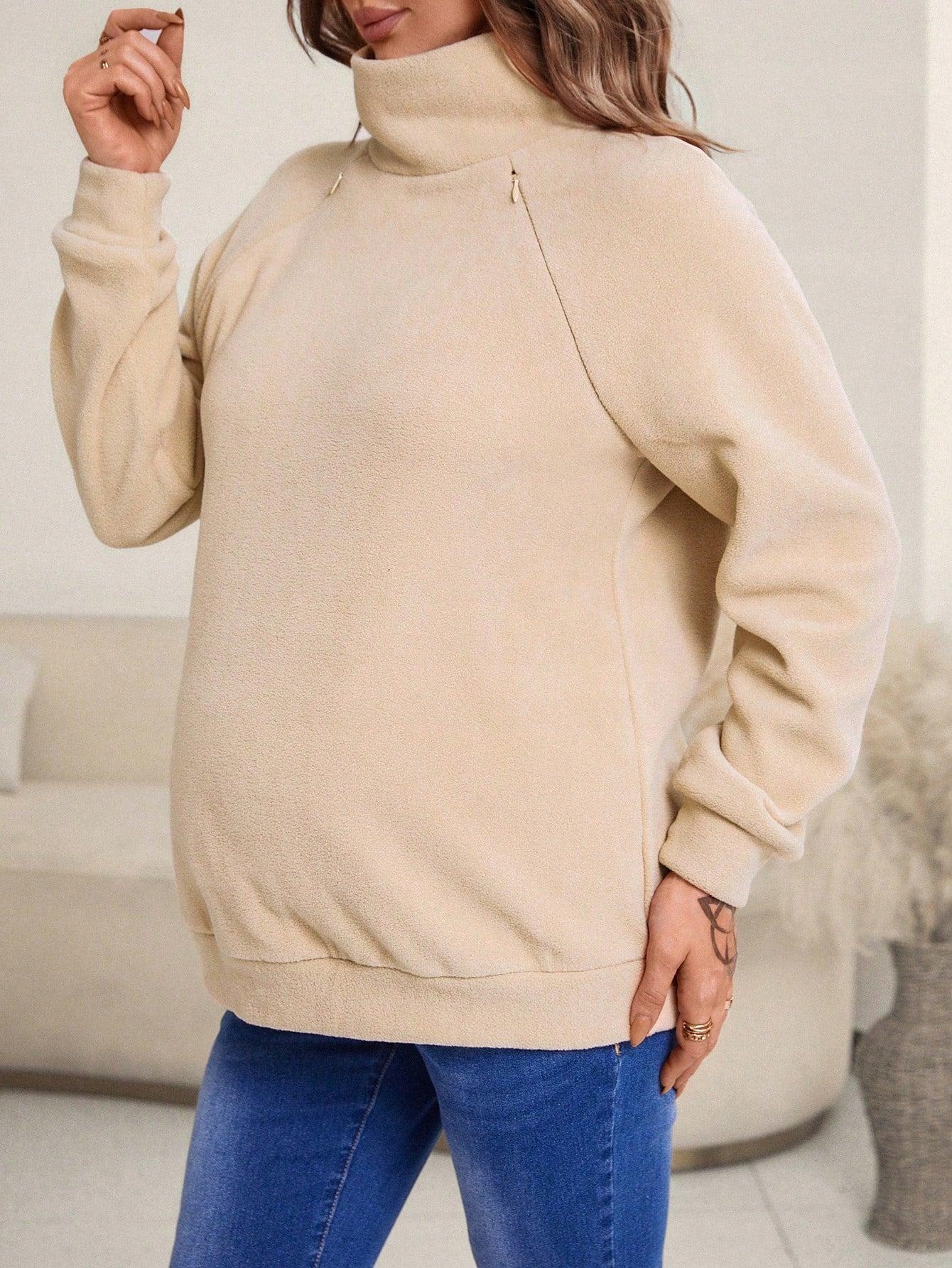 BLUZA CIĄŻOWA DO KARMIENIA Z SUWAKAMI POLAROWA LUŹNA PÓŁGOLF SHEIN L