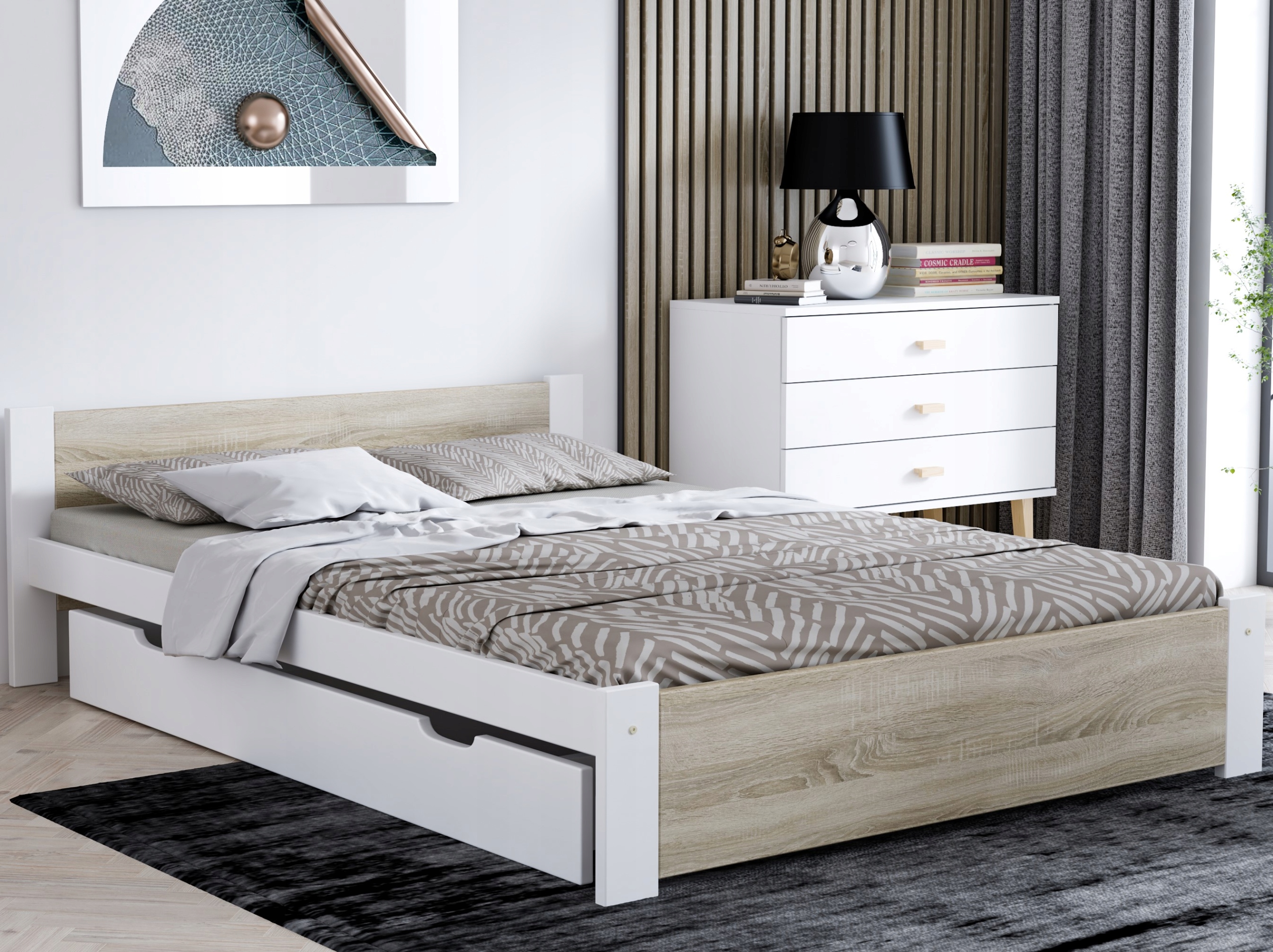 Bílá dřevěná Postel 160x200 rám Dub Sonoma