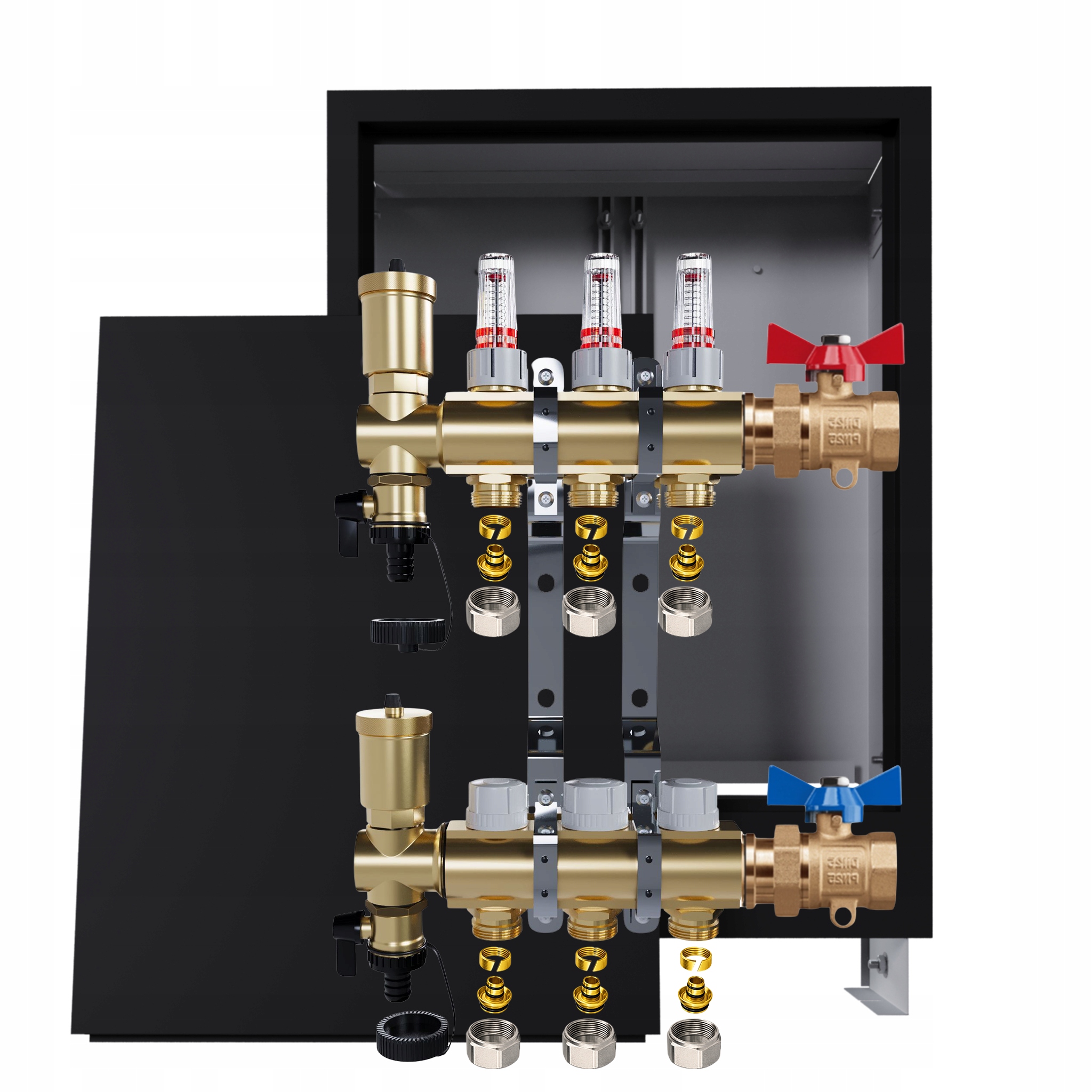 Rozdělovač podlahový mosazný 3 okruhy Podomítkový černý Ventily Pex