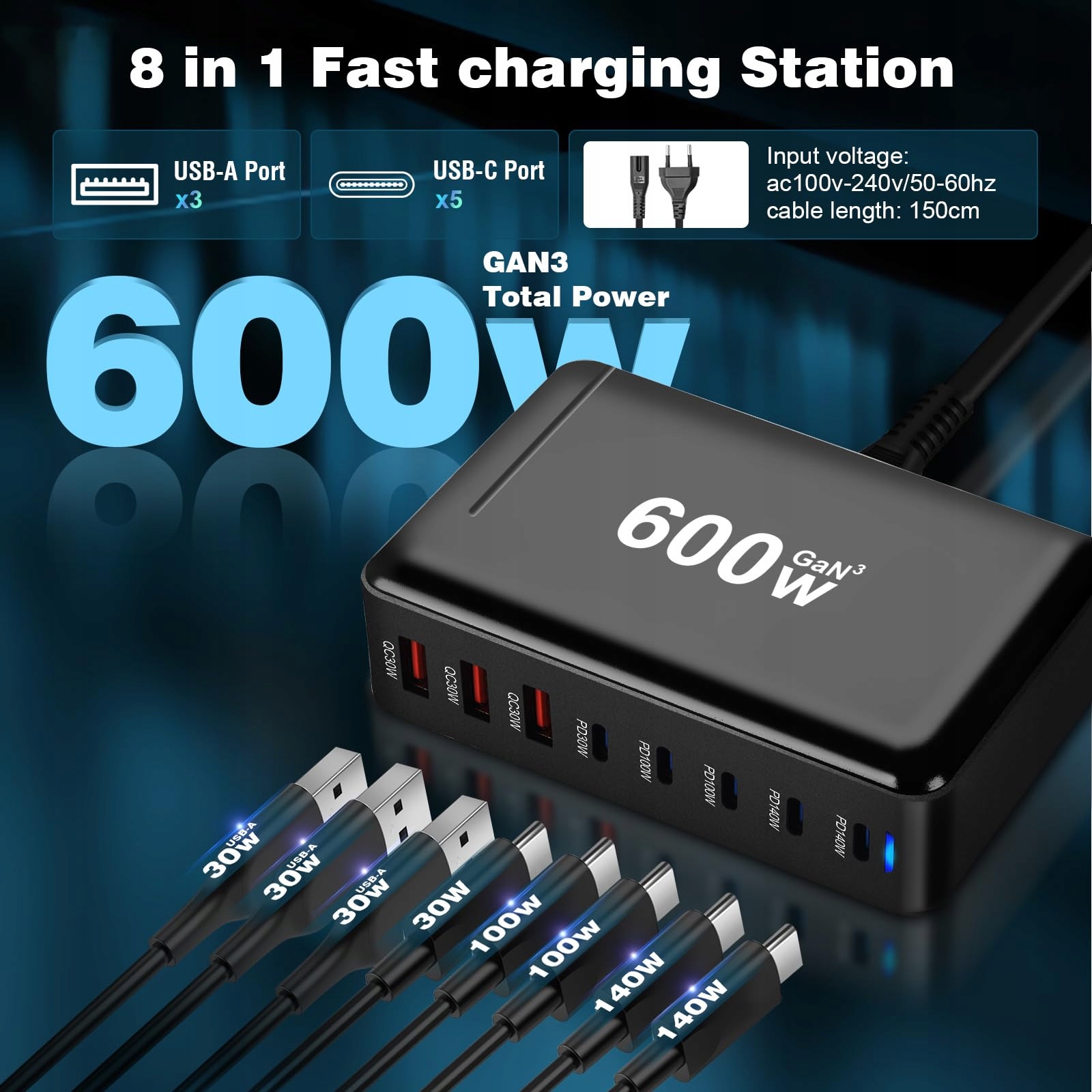 ZHITING Ładowarka USB C 600W 8 Portów Szybkie Ładowanie MacBook iPad — miniatura 2