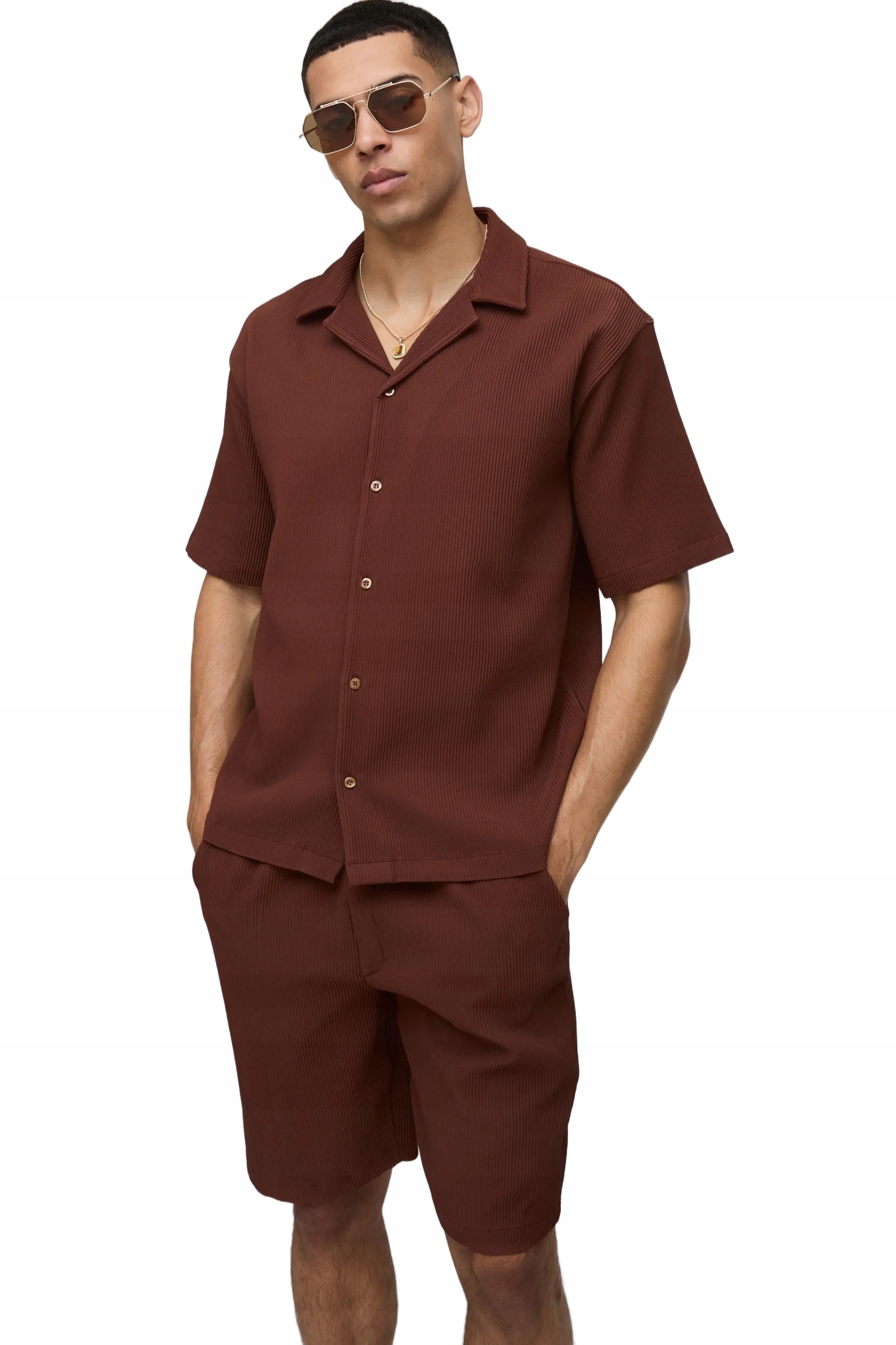 Boohooman Pánský Komplet Hnědý Krátký Rukáv A Kraťasy M Z3A