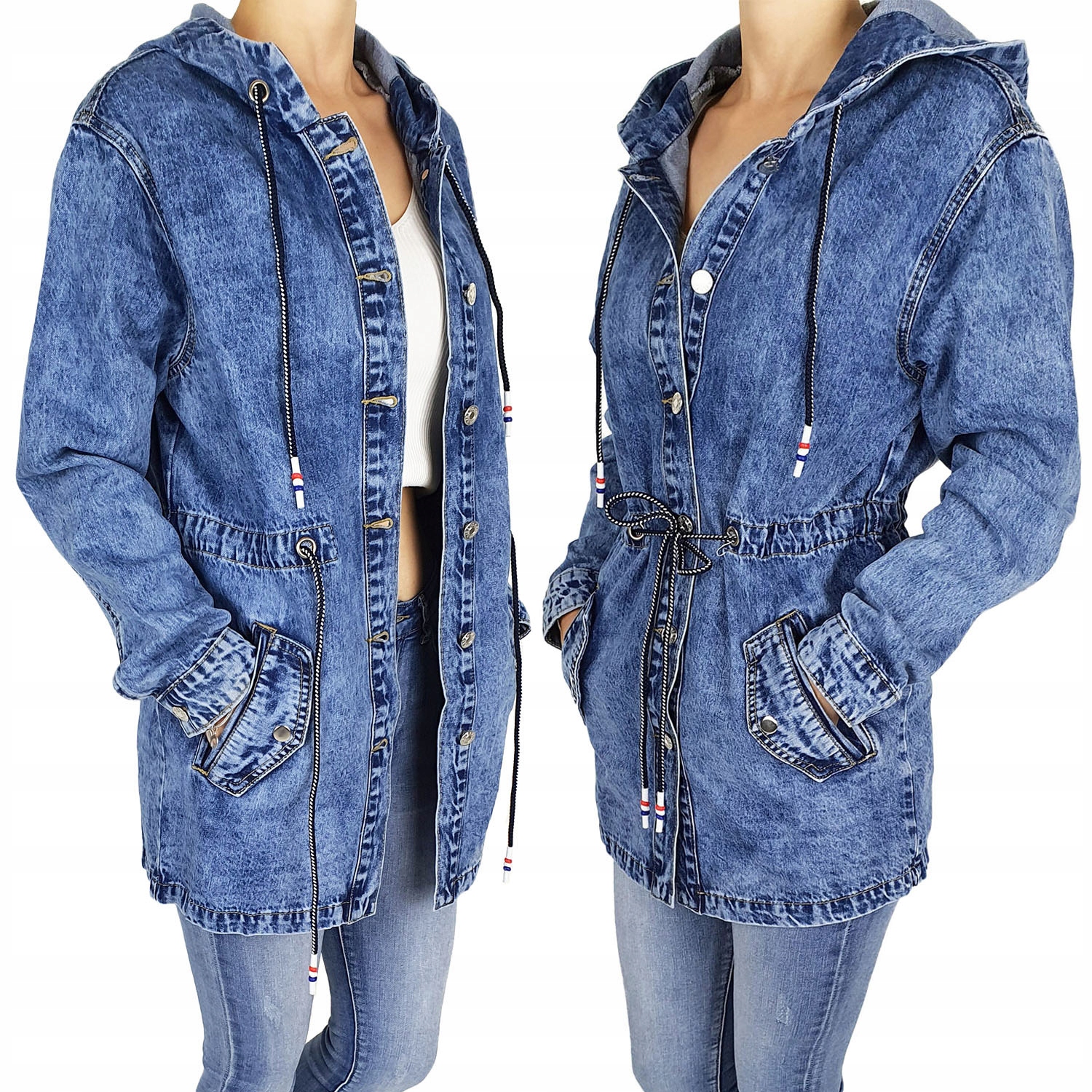 #katana Dámská Džínová Bunda Dlouhá Parka Kapuce#