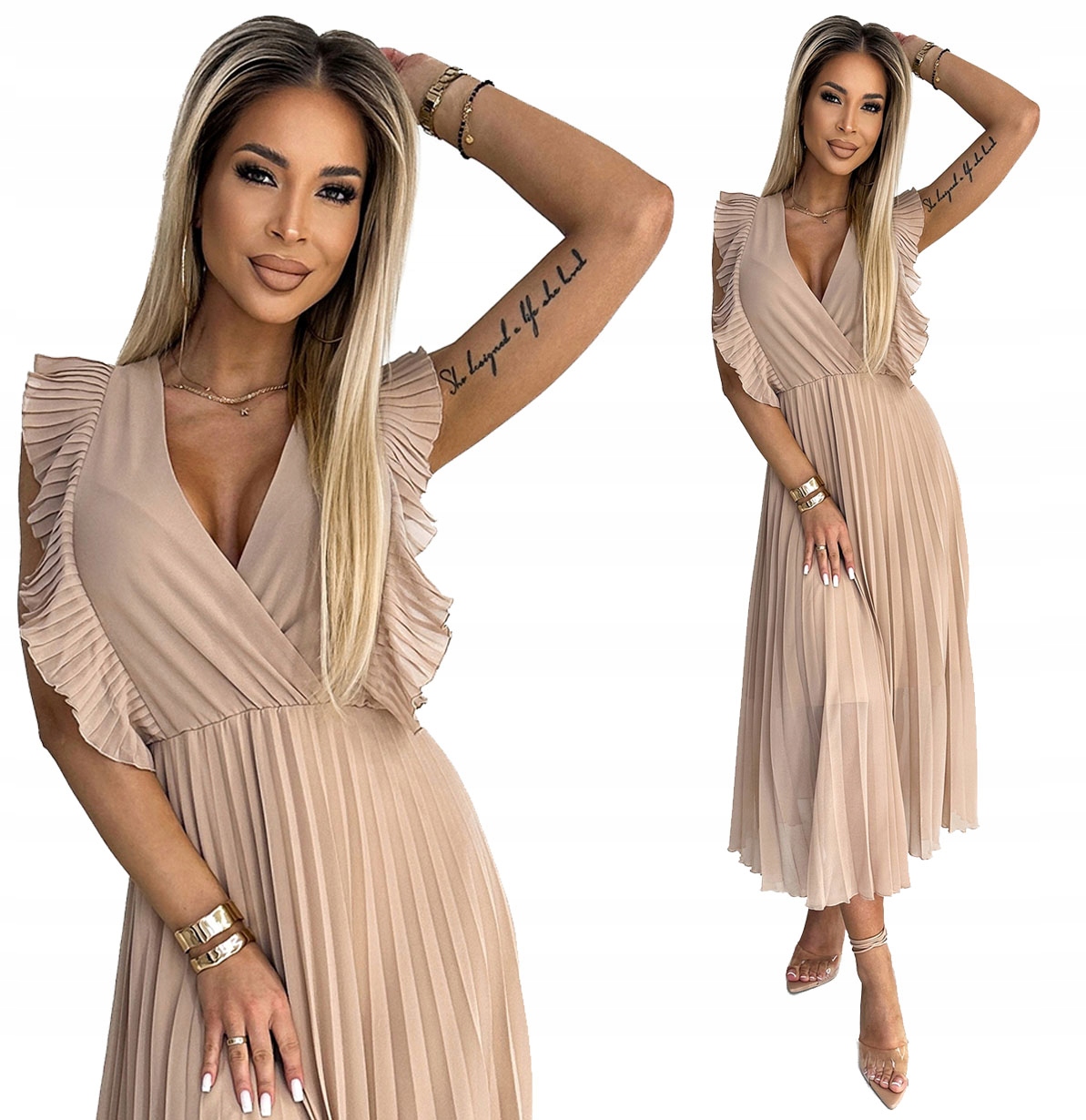 Krásné Plisované Šaty S Volánky Bez Rukávů, Béžová Barva S