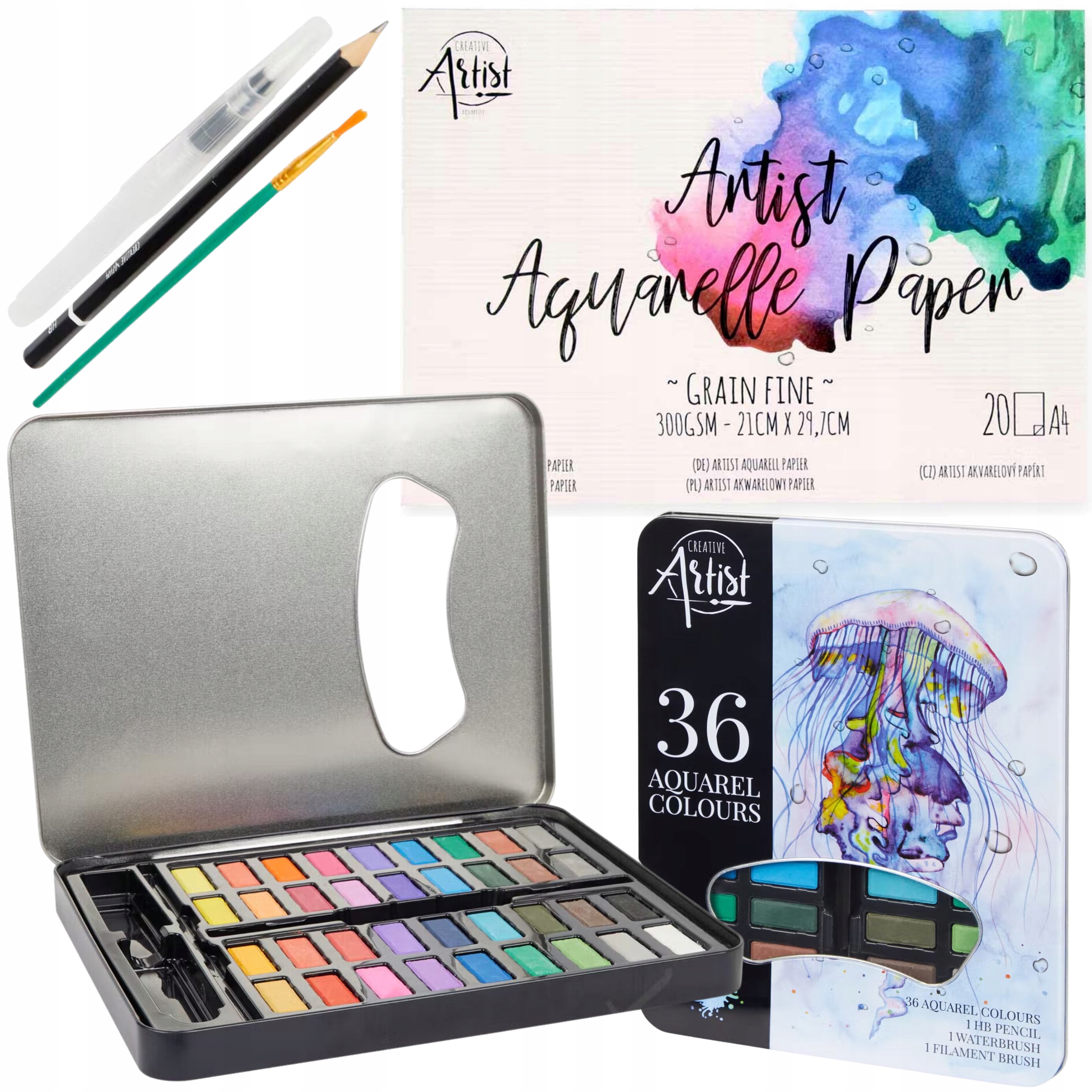 FARBY AKWARELOWE WODNE ZESTAW FARB AKWARELOWYCH 40w1 + BLOK PĘDZLE