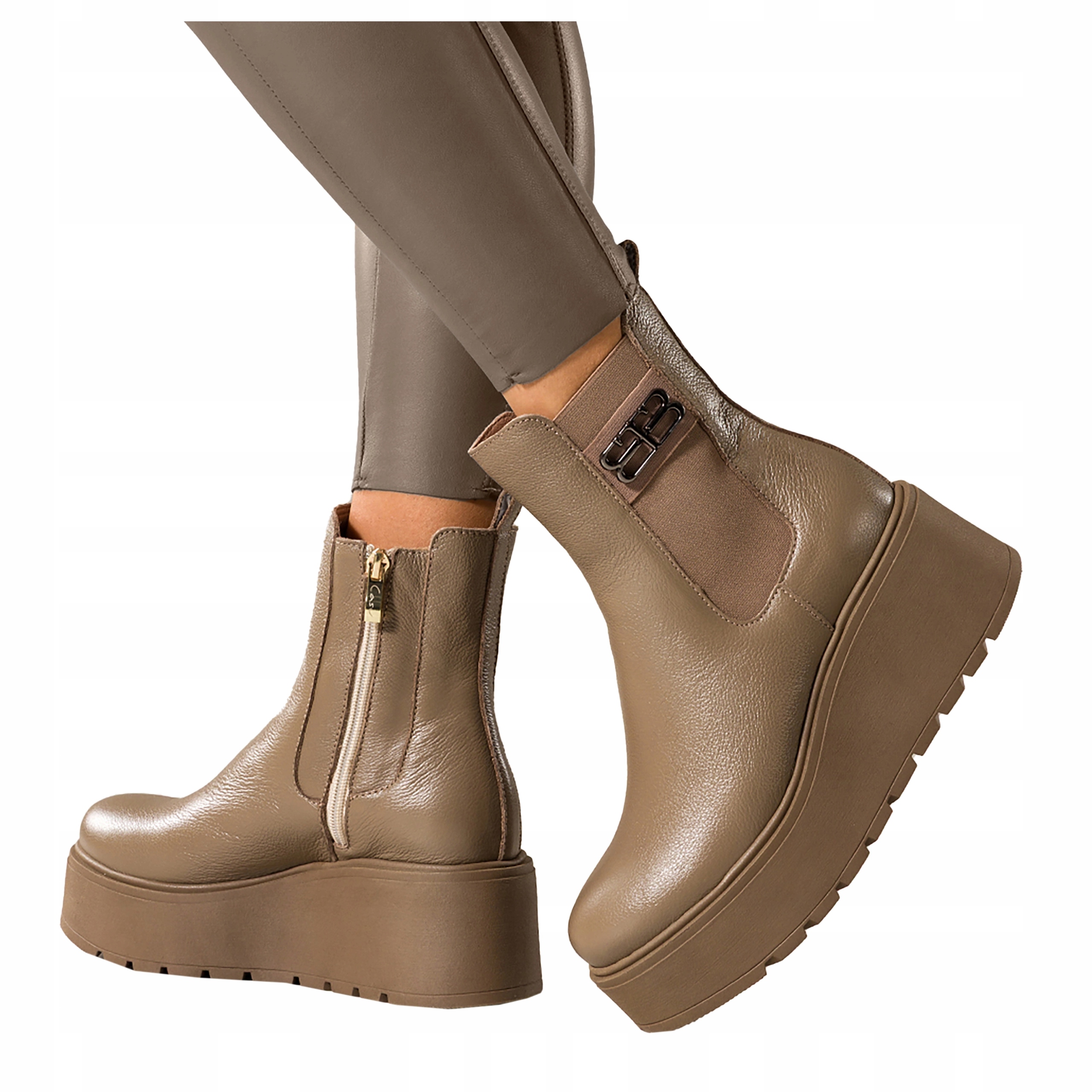 Kotníkové Boty Béžové Kožené Dámské Na Platformě Pohodlné Guma v Svršku vel. 38