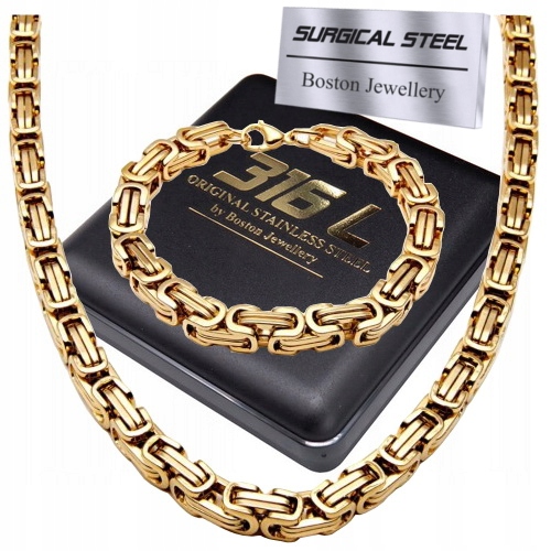 Złoty Łańcuszek Z Bransoletką Splot Królewski 8MM Stal Chirurgiczna Premium
