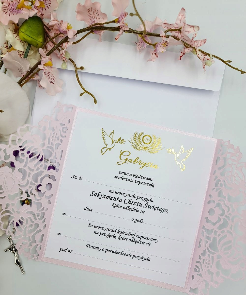 ZAPROSZENIA CHRZEST, CHRZCINY AŻUROWE ZŁOCONE RÓŻ Kształt kwadratowy