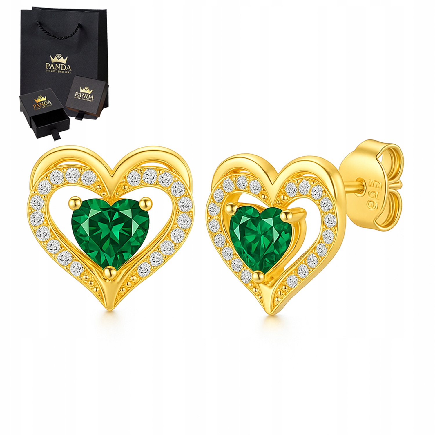 Náušnice Pozlacené srdce se zeleným krystalem a bílými zirkony 925