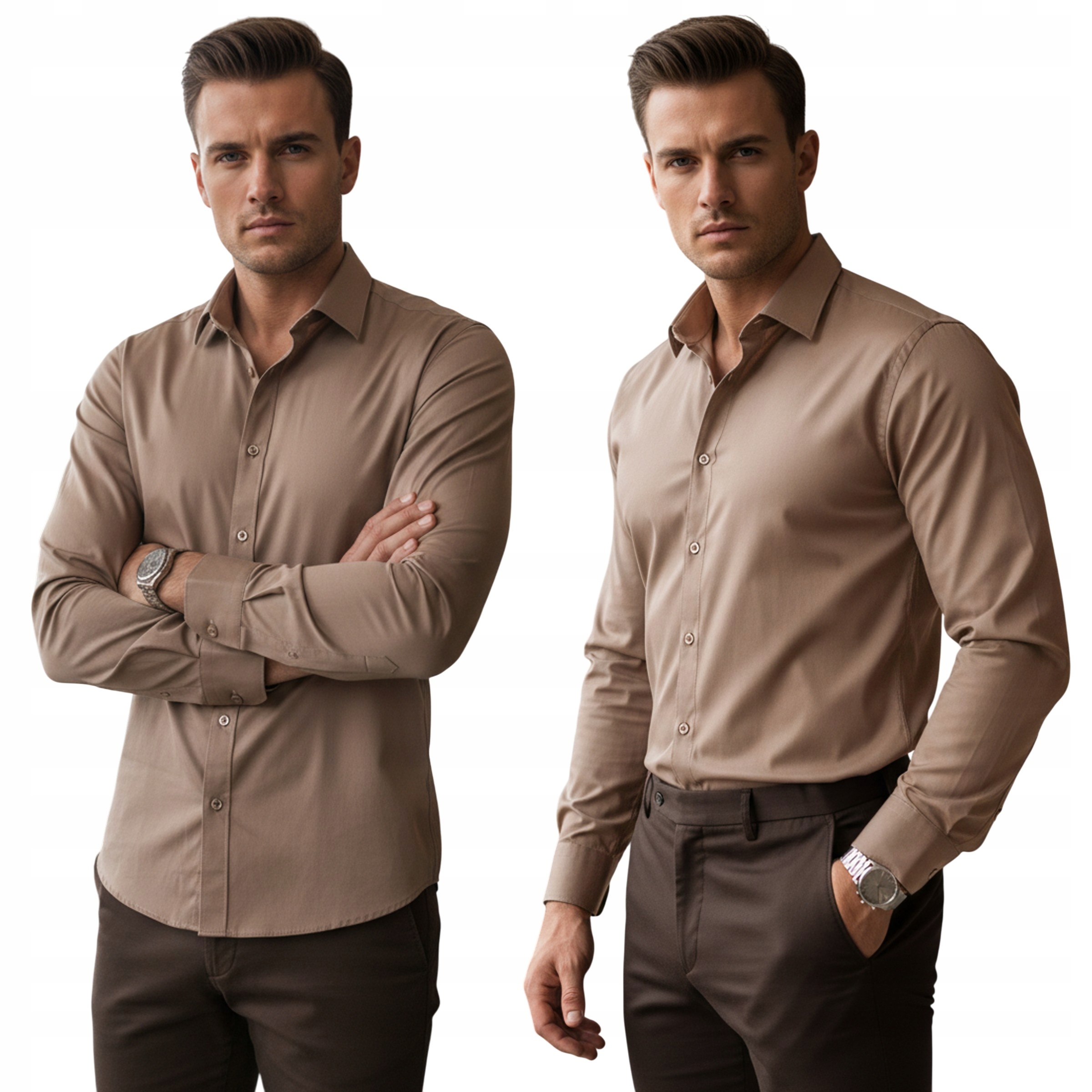 Koszula męska regular długi rękaw beżowa DX2686 M