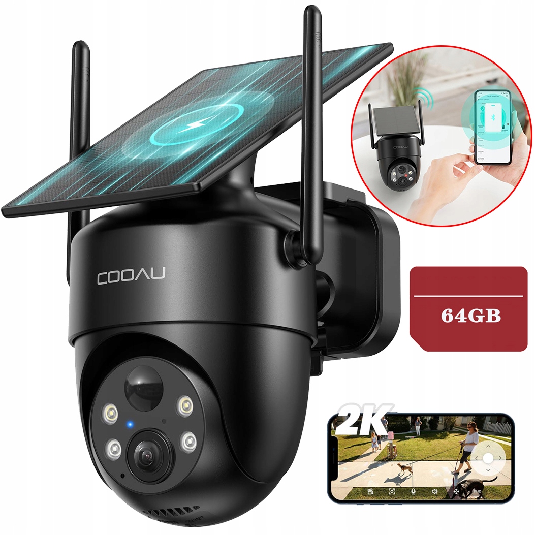 Venkovní Solární Kamera 2K Wifi Bezdrátová Otočná O 360° 64GB Karta