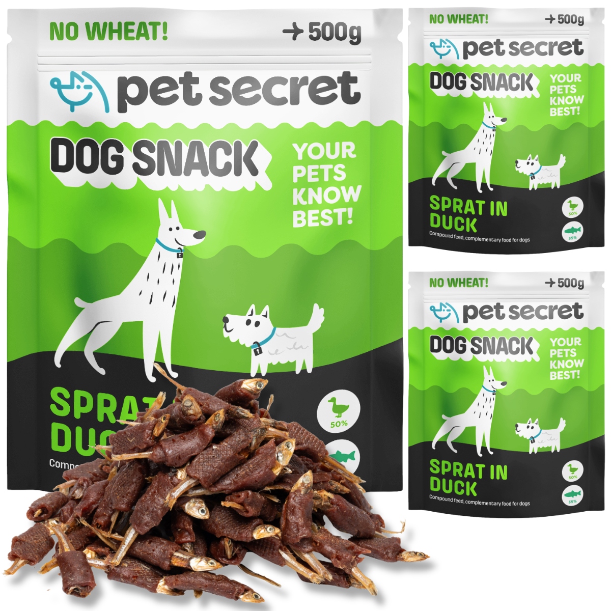 Příchutě pro psa 3x500 g Šprotky zabalené v kachním mase Pet Secret