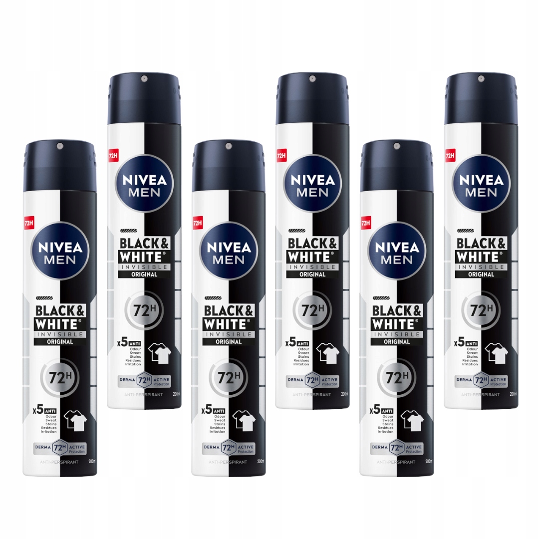 Nivea Men Black&White Zestaw Męskich Antyperspirantów w sprayu 72h 6x200ml