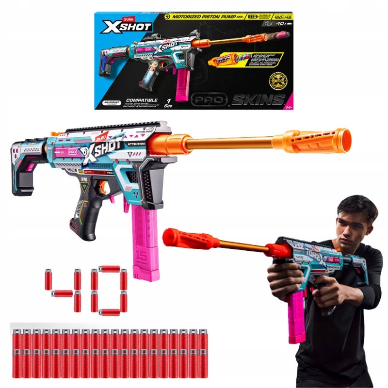 ZURU X-SHOT PRO MOTORIZED BLASTER WYRZUTNIA PISTOLET STRZAŁKI ZASIĘG 45 M