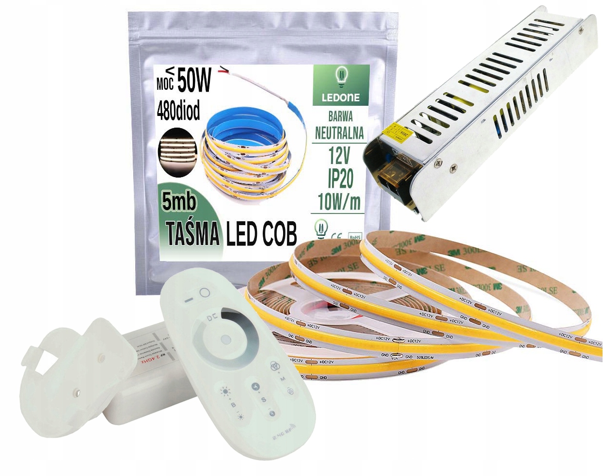 Set Led linka Cob Nw 12V 50W 5mb Dálkový Ovladač Rf dotyk