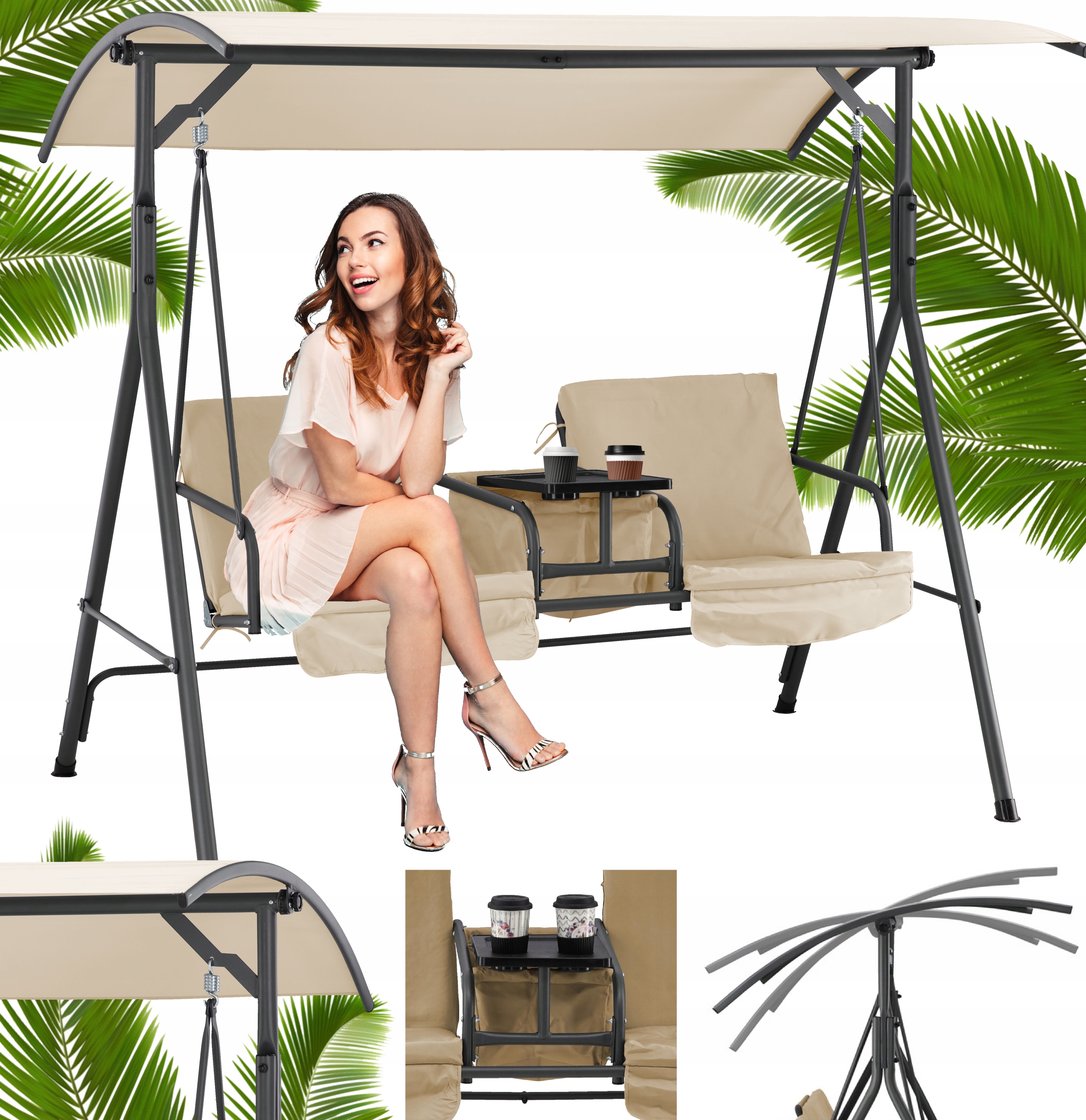 HUŚTAWKA OGRODOWA DWUOSOBOWA Z PODSTAWKĄ NA KUBKI REGULOWANY DASZEK BEŻOWA