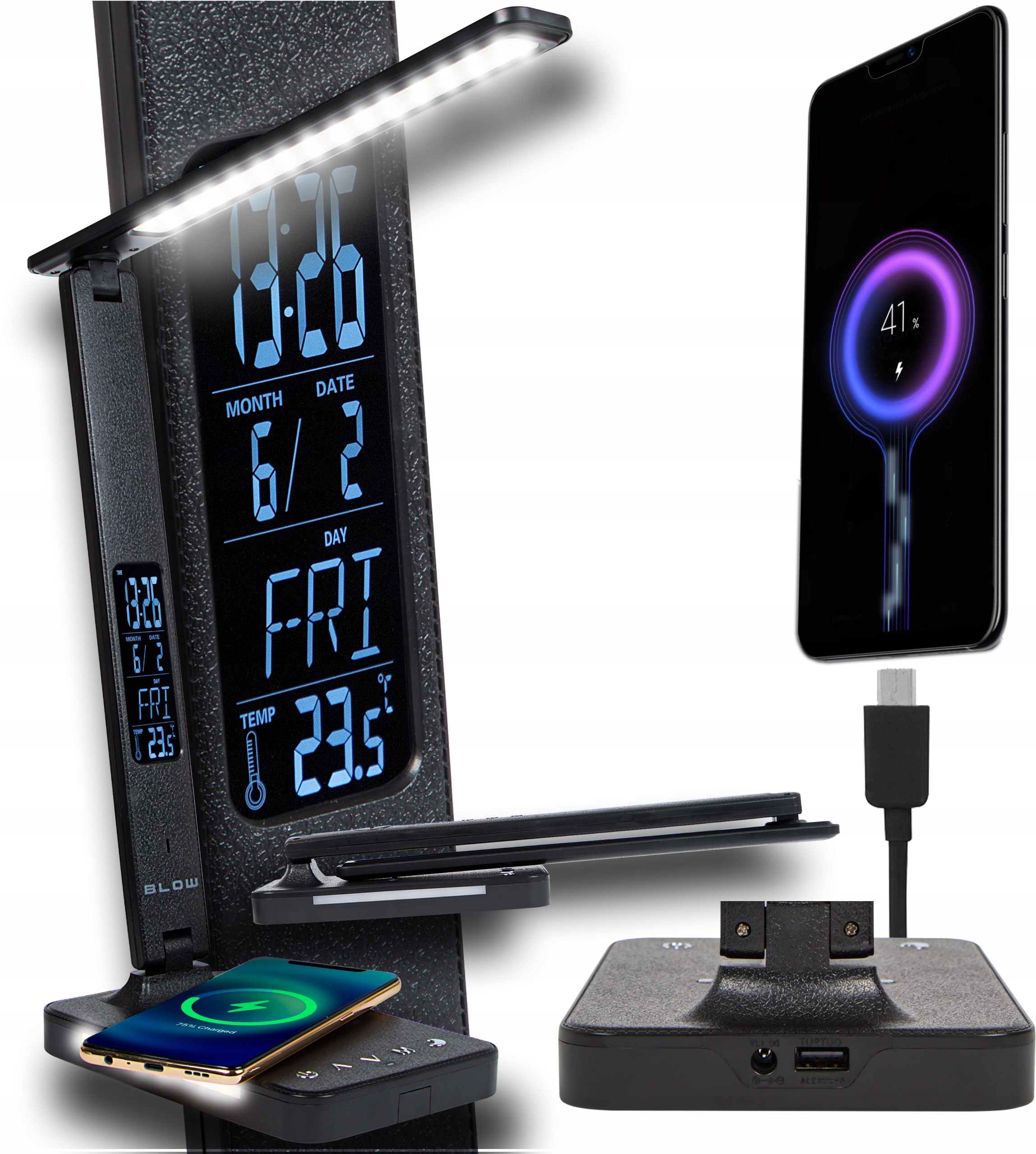 Lampička Na Stůl Noční Rýsovací Hodiny Budík Indukční Nabíječka Qi 10W