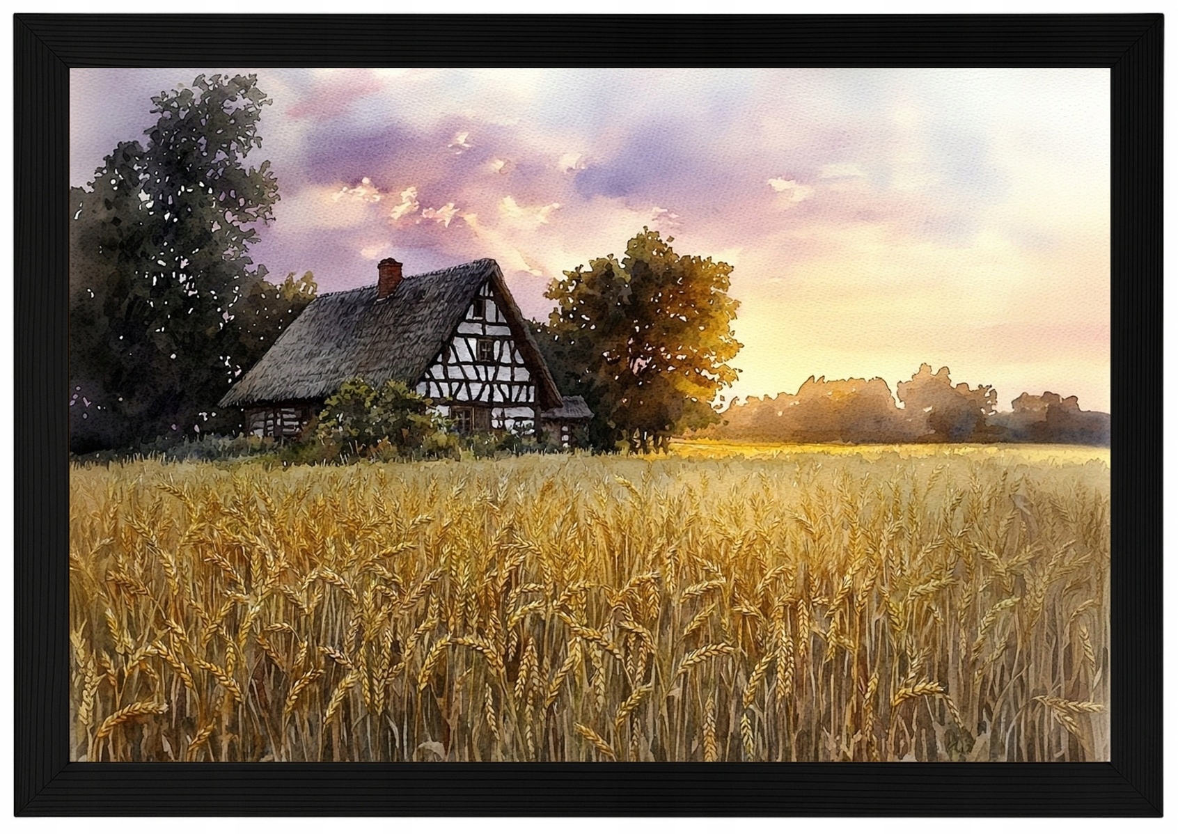 Plakát Rámeček Dřevěná Krajina Venkovní Venkovský Dům Pole Obilí Klasy Léto 60x40