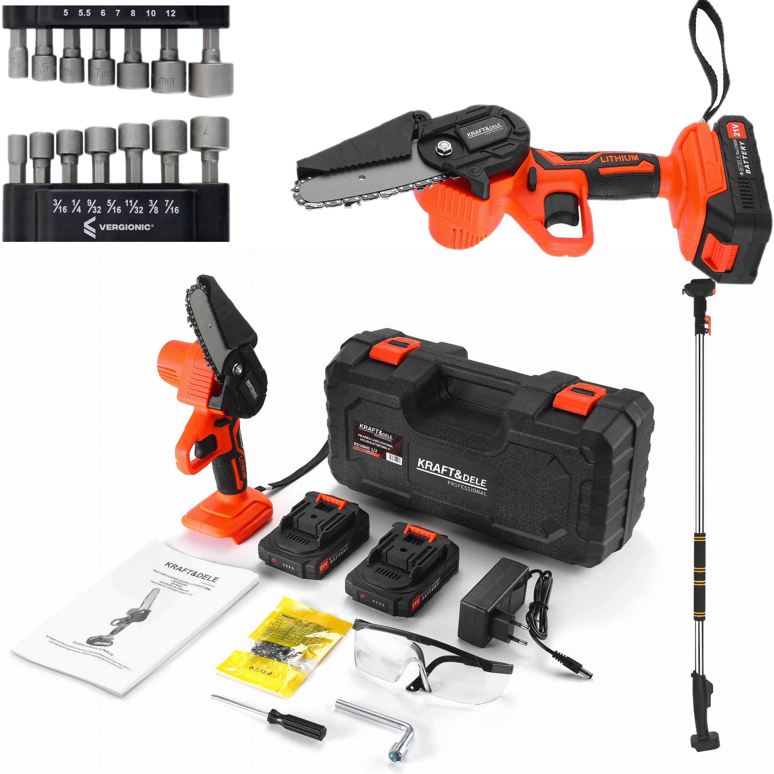 Aku Řetězová Pila S Výložníkem 4“ 2xAKU 21V Klíče 14 ks.