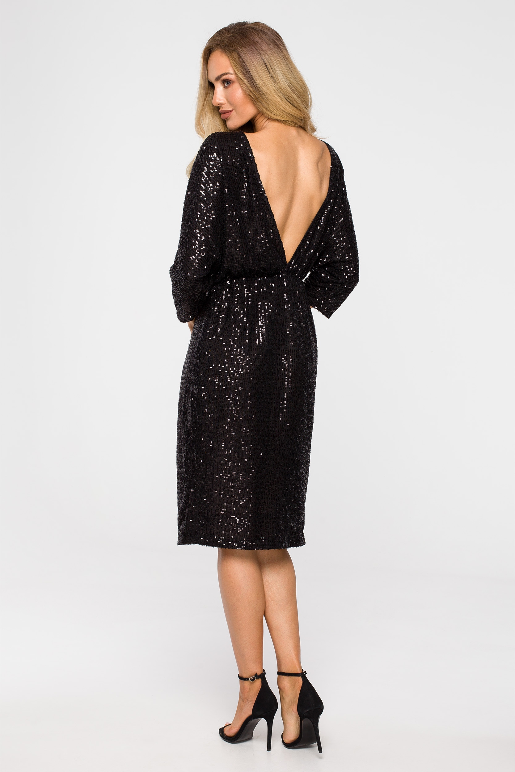 ELEGANCKA KOBIECA SUKIENKA ŚWIĄTECZNA DEKOLT NA PLECACH CZARNA CEKINY 36 S Marka MOE