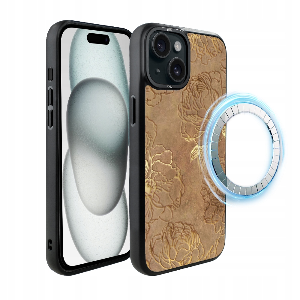 Pouzdro pro iPhone 15 Ibizu DropGuard Matt s MagSafe, zlaté pivoňky