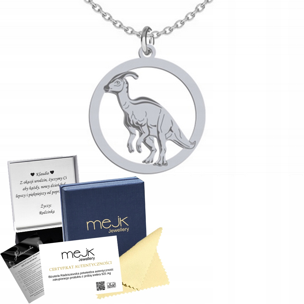 Stříbrný náhrdelník s Parasaurolophus 925 Řetízek Šperky Dárek Gravírování
