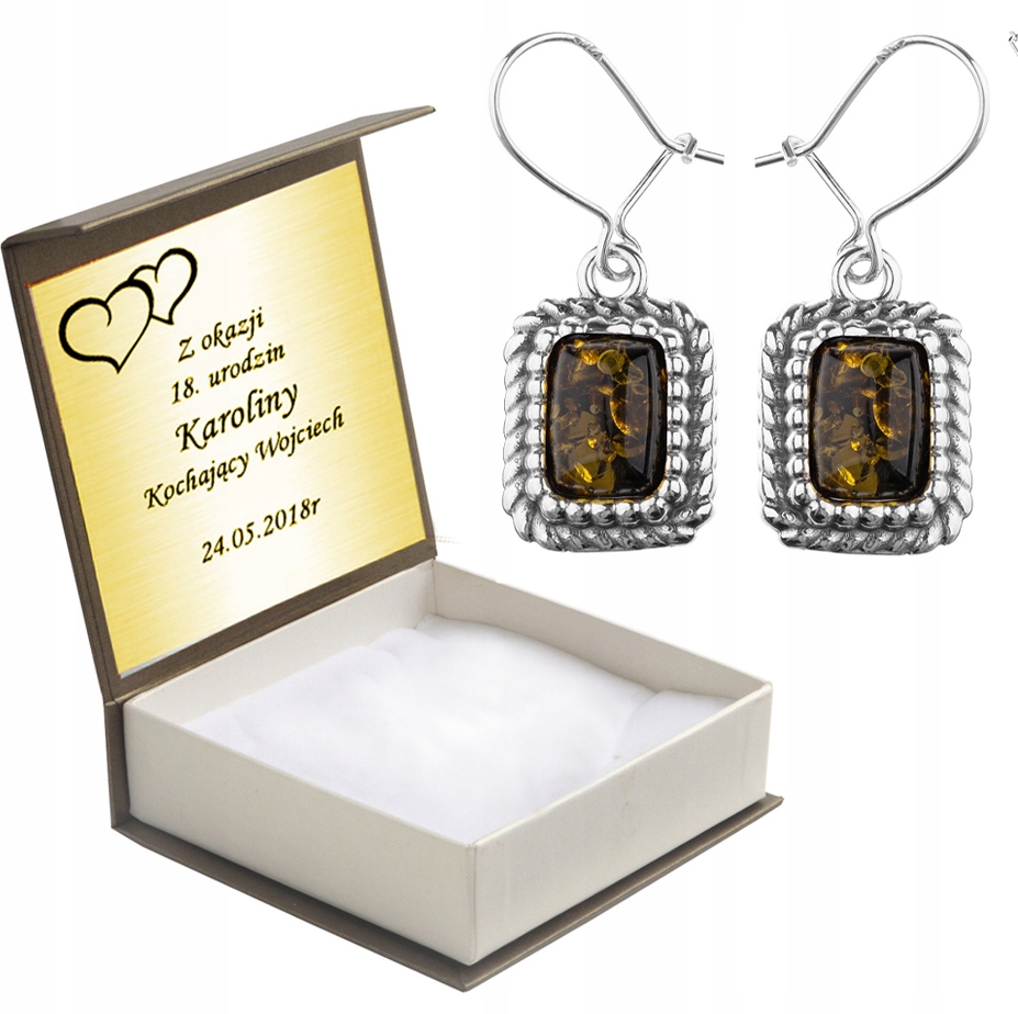 

Srebrne Postarzane Kolczyki Z Bursztynami + Grawer