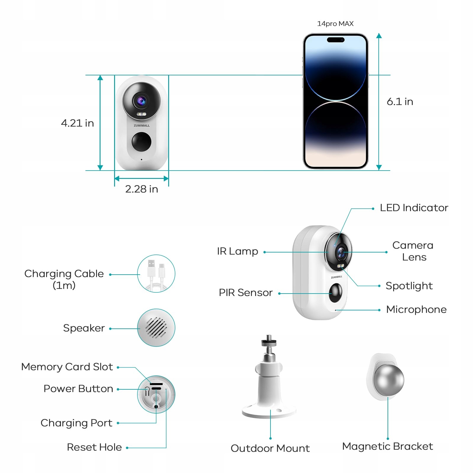 ZUMIMALL Kamera Zewnętrzna 2K 2 Sztuki 3MP Noc PIR IP66 Dwukierunkowe Audio — miniatura 8