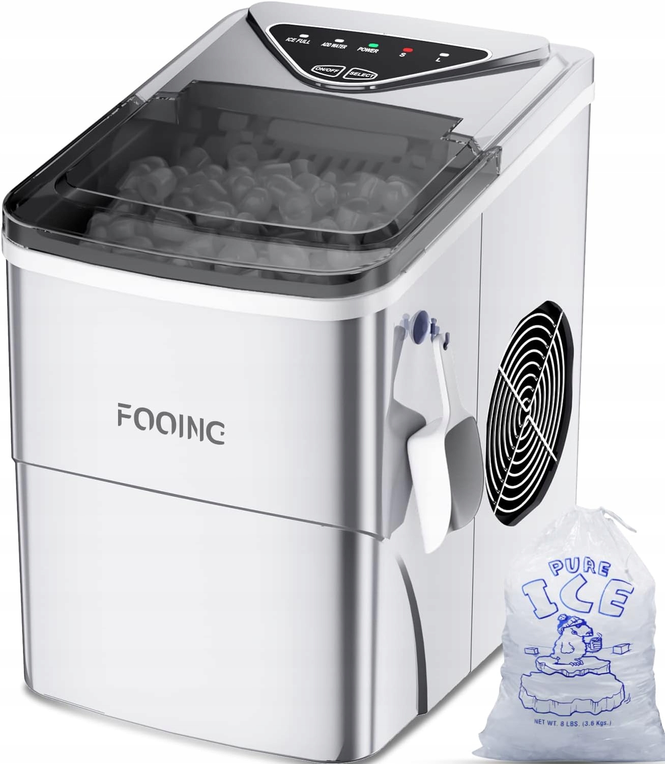 Výrobník ledu, Světlé kostky, samočistící, přenosný, 100 W, stříbrný