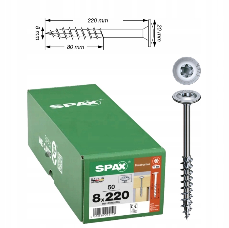 Univerzální vruty Wirox do dřeva Spax 8 x 220 mm 50 ks