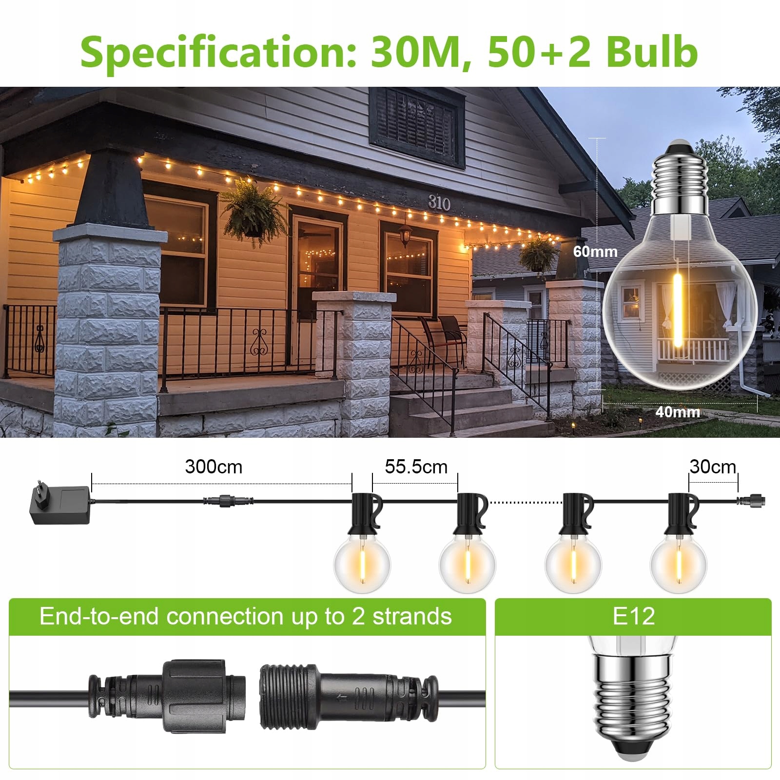 BOKIHUK Girlanda Lampki LED 30M 50+2 Wodoodporne Na Zewnątrz Ogrodowe — miniatura 4