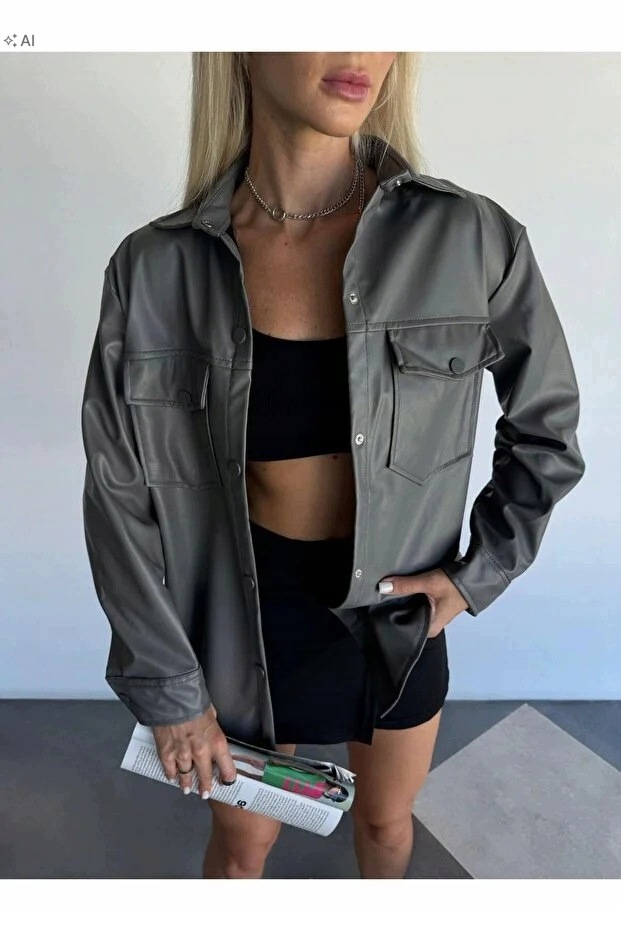 Mokka Elegantní Bunda Z Eko Kůže Oversize M 5IA