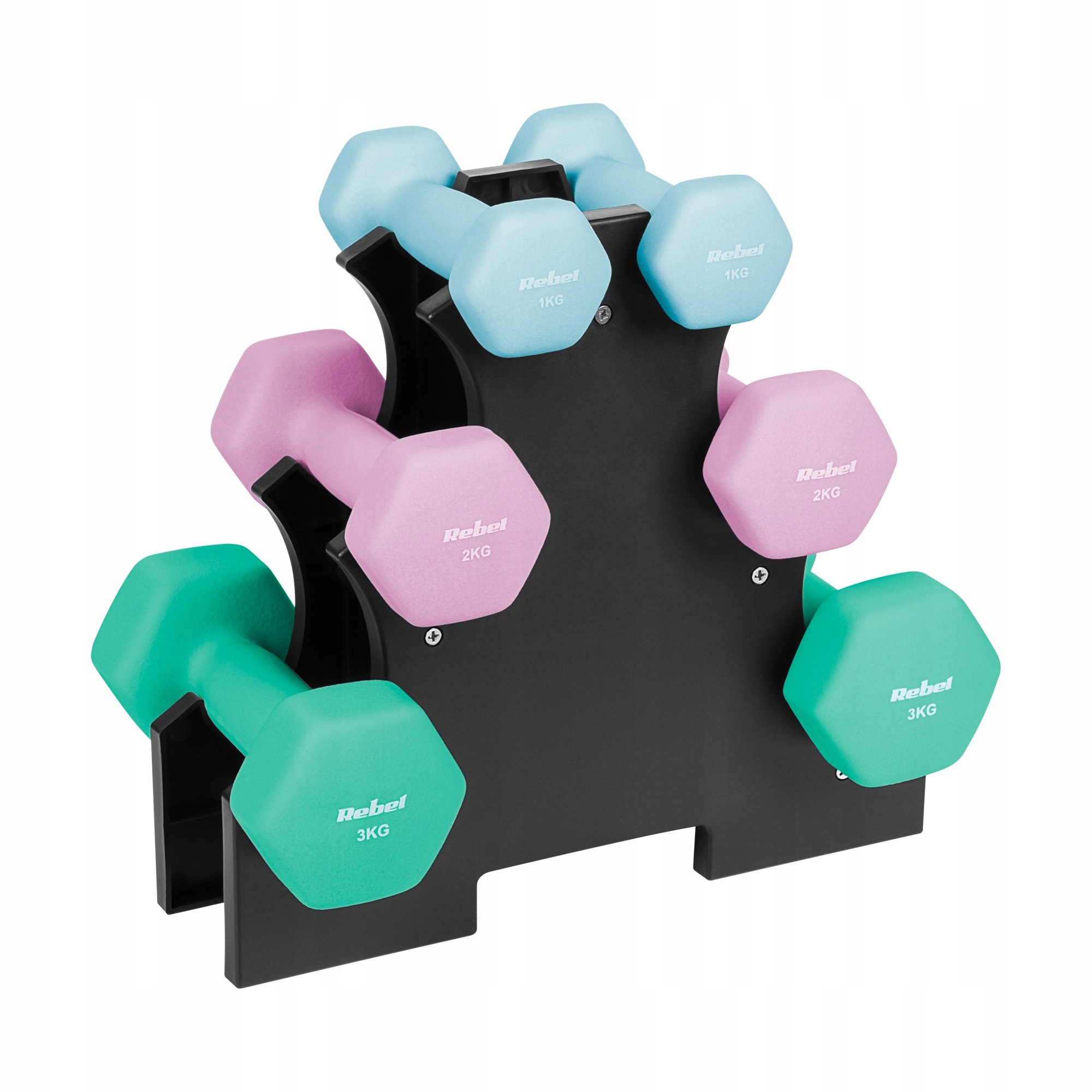 Hantelki żeliwne neoprenowe Hex zestaw 12kg stojak 2 x 1kg-2kg-3kg Rebel
