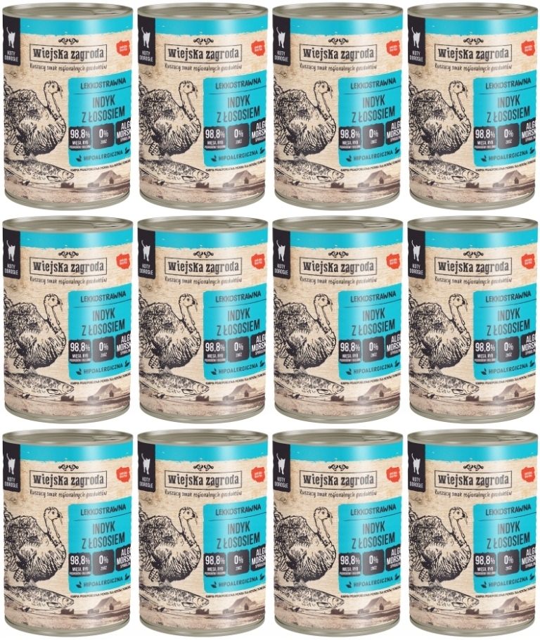 Wiejska Zagroda Indyk z Łososiem 12 x 400g dla kotów