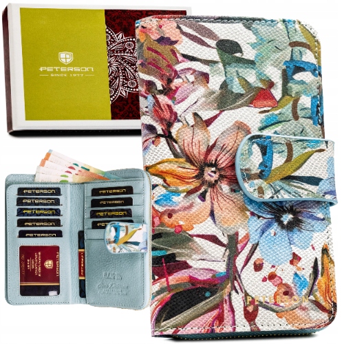 Portfel damski skórzany kolorowy w kwiaty z Rfid Peterson
