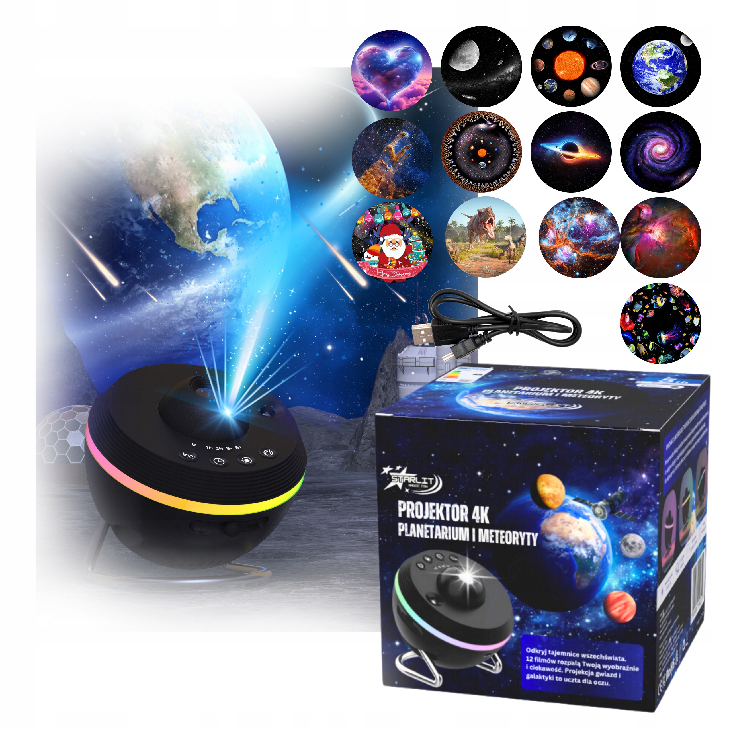 Projektor Planetarium 4K Noční Lampa Projektor Planet Meteority 13 disků
