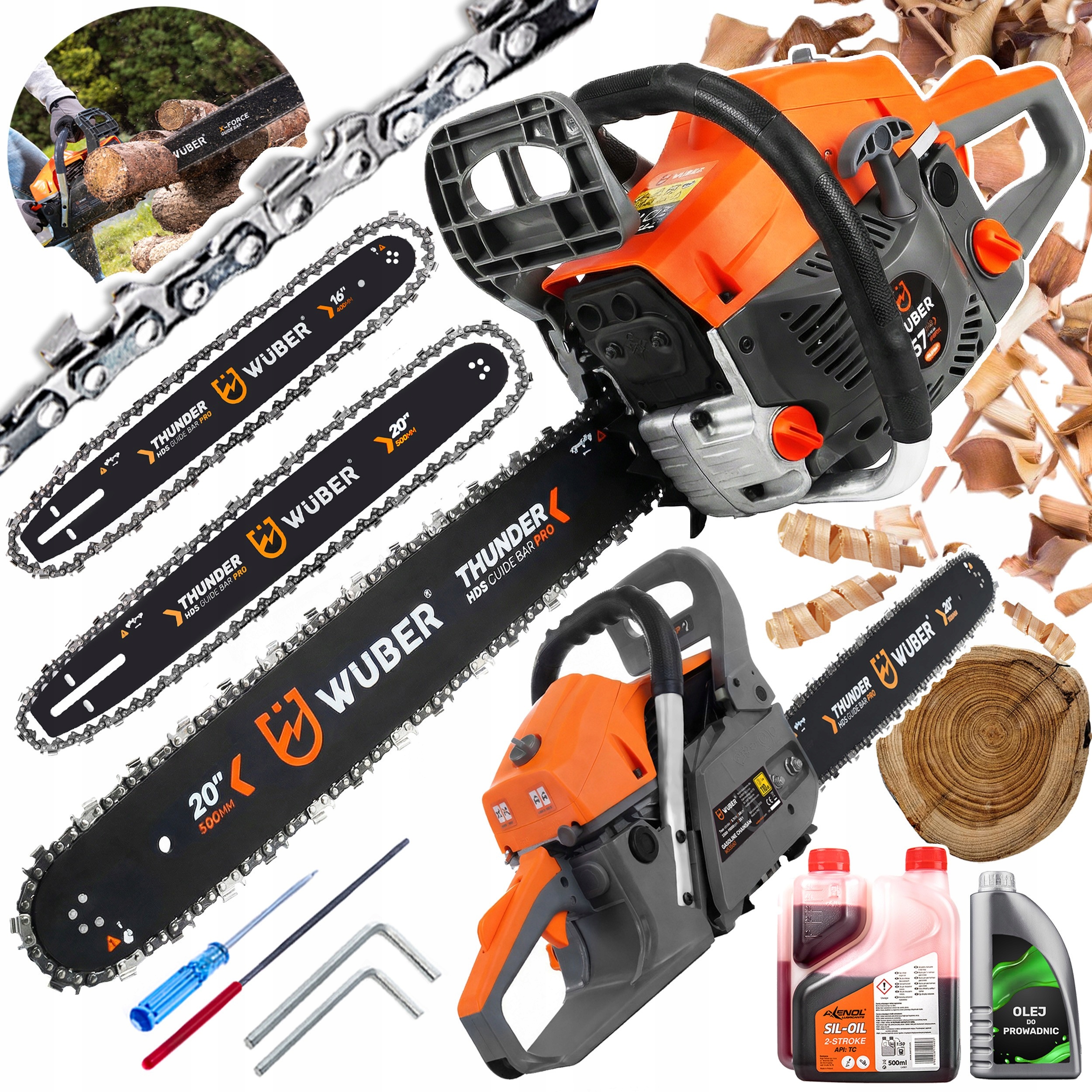 Mocna Pilarka Spalinowa Piła Łańcuchowa 5,7KM 2xOLEJ 2xŁAŃCUCH 2xPROWADNICA