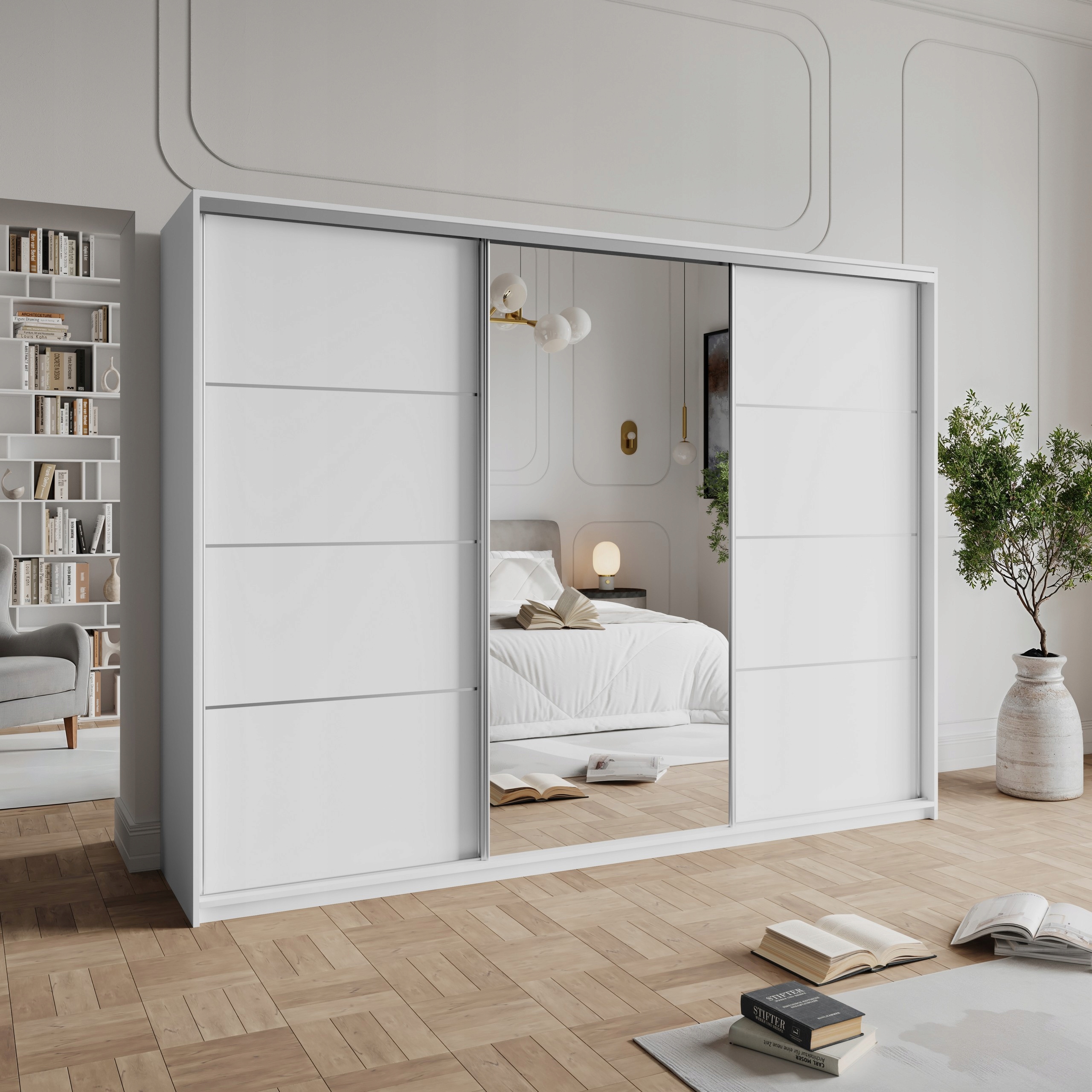 Skříň Třídveřová Varo 270 cm se zrcadlem Zásuvky Bílá Satén