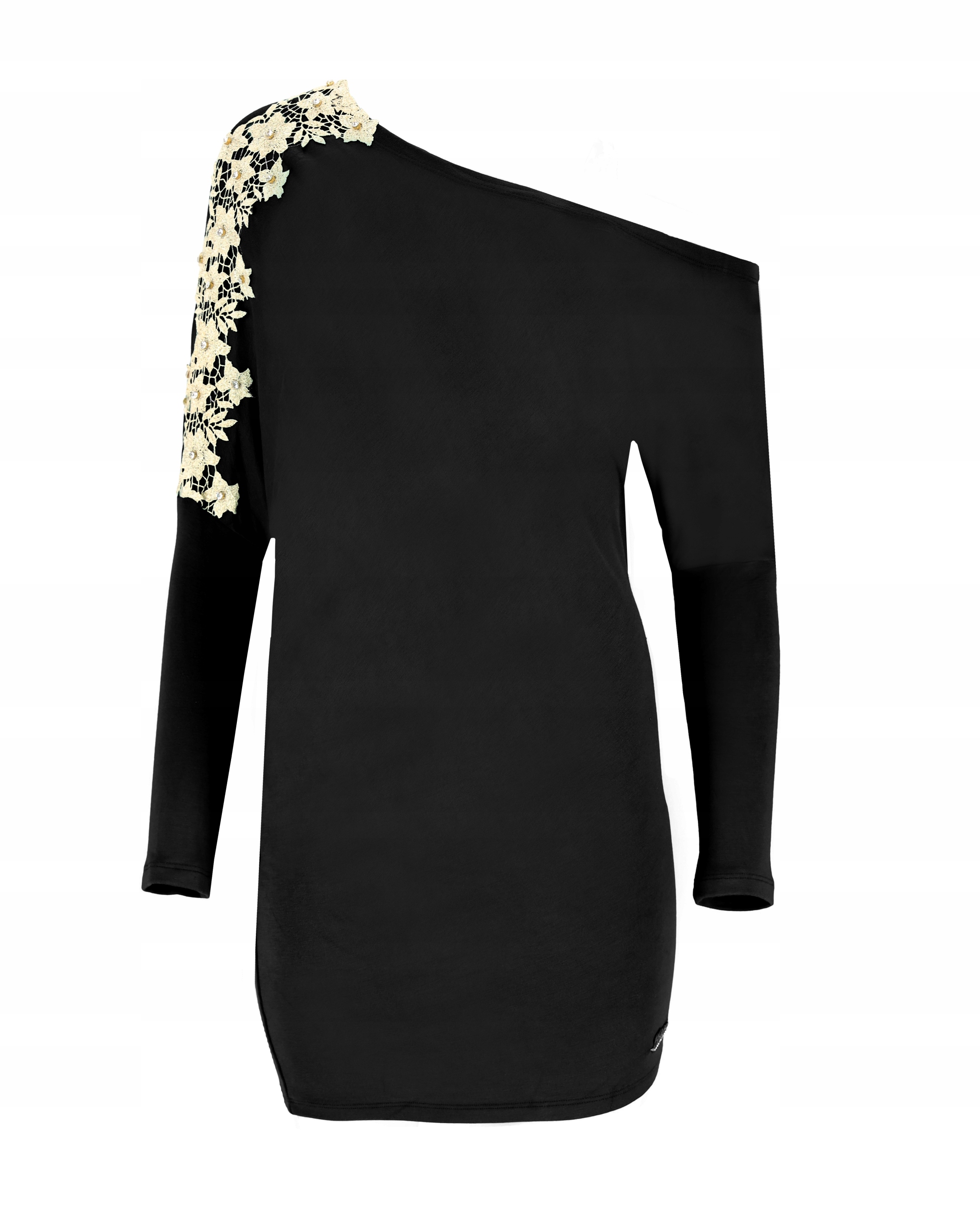 Šaty S Těsným Ozdobným Rukávem Asymetrický Výstřih