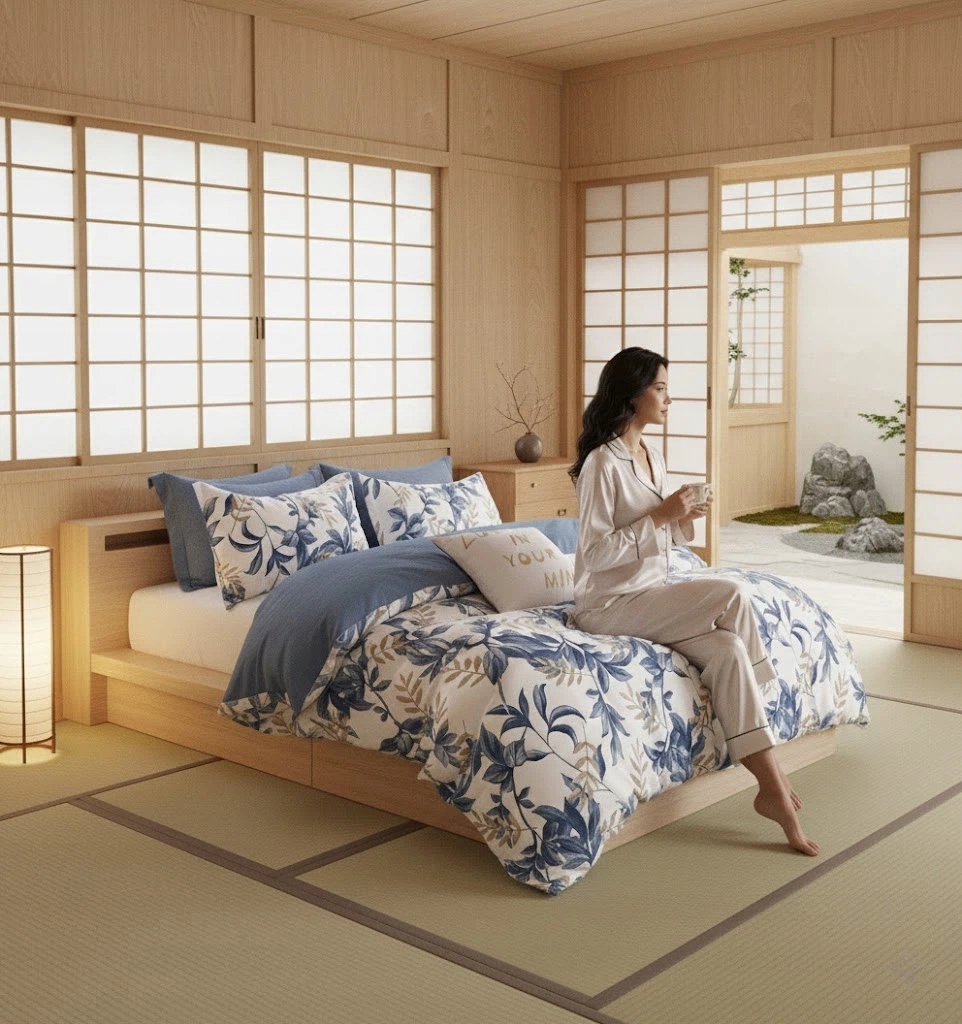 3dílná sada povlečení na peřinu z modrého květovaného 100% bavlny s bílým pozadím 220×200 cm