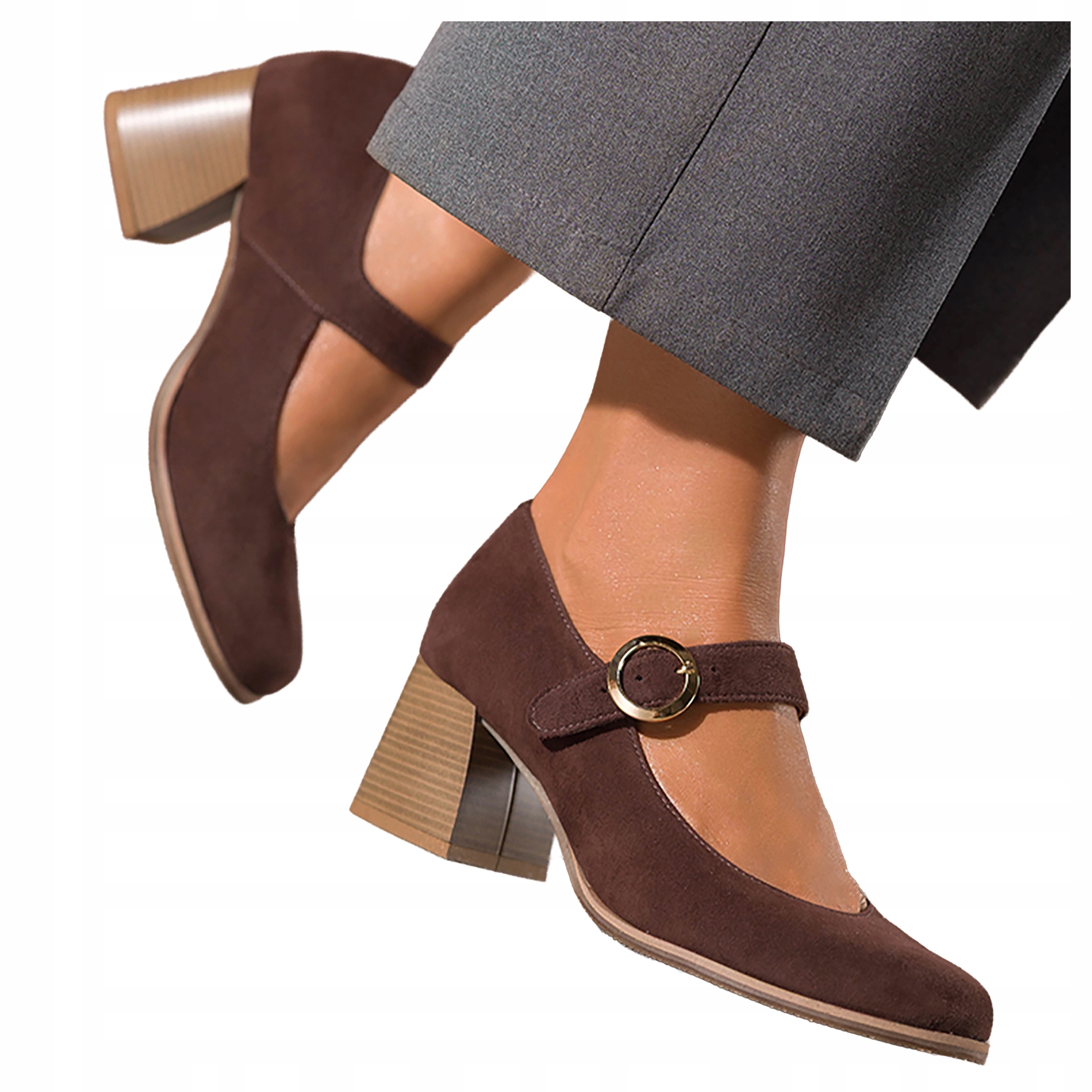 Čokoládové dámské Semišové Polobotky Mary Jane Pásek S Koženou sponou vel 40