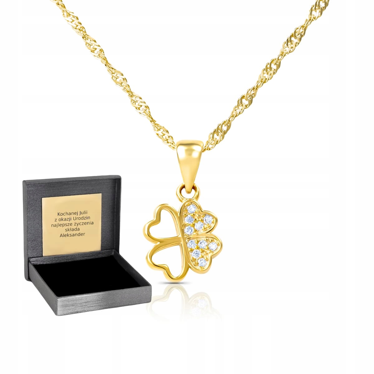 Srebrny naszyjnik koniczynka srebro 925 łańcuszek damski pozłacany grawer